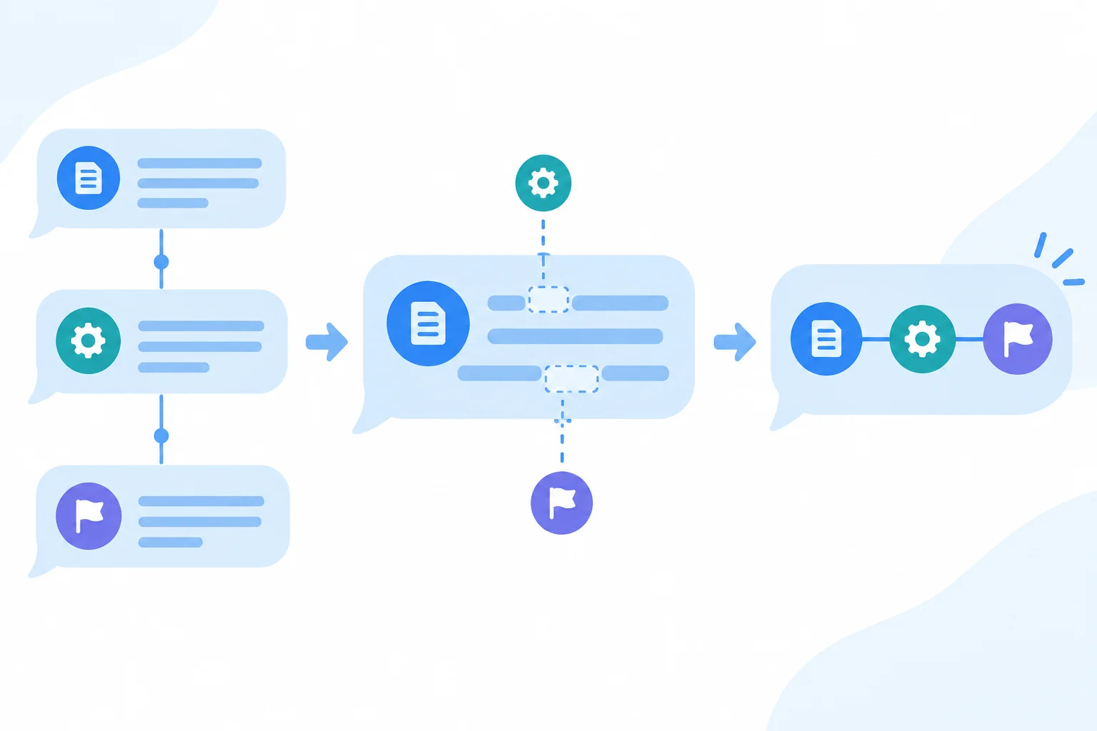 Diagrama mostra uma mensagem destacada de uma conversa e depois reparada com fonte, condição e conclusão reunidas.