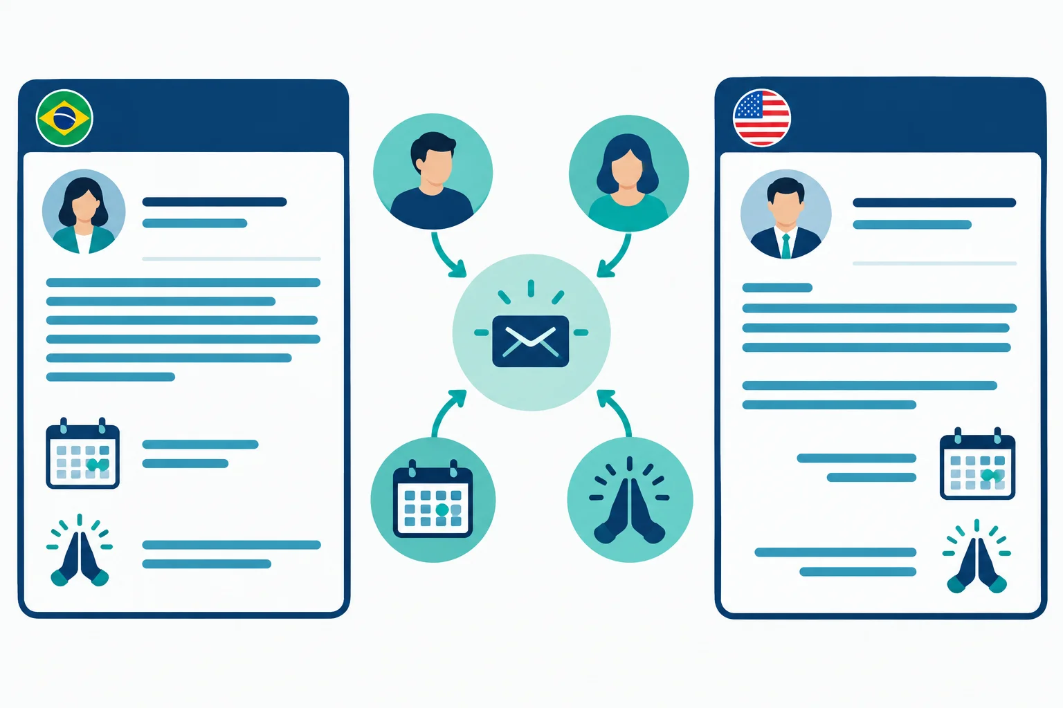 Diagrama mostrando que uma mesma solicitação profissional pode ter estruturas diferentes em português e inglês, ligadas pelos participantes, prazo e objetivo comunicativo.