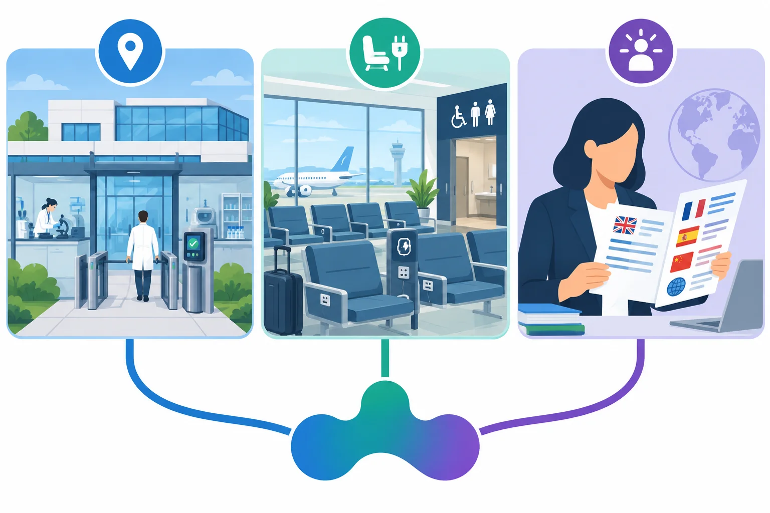 Três painéis representam facility como local, recursos disponíveis e aptidão.