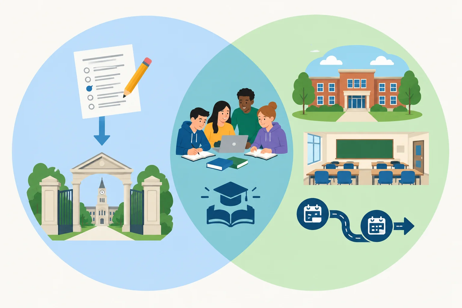 Diagrama com dois conjuntos parcialmente sobrepostos: ambos envolvem estudantes e educação, mas um inclui uma prova de ingresso e o outro uma instituição de ensino.