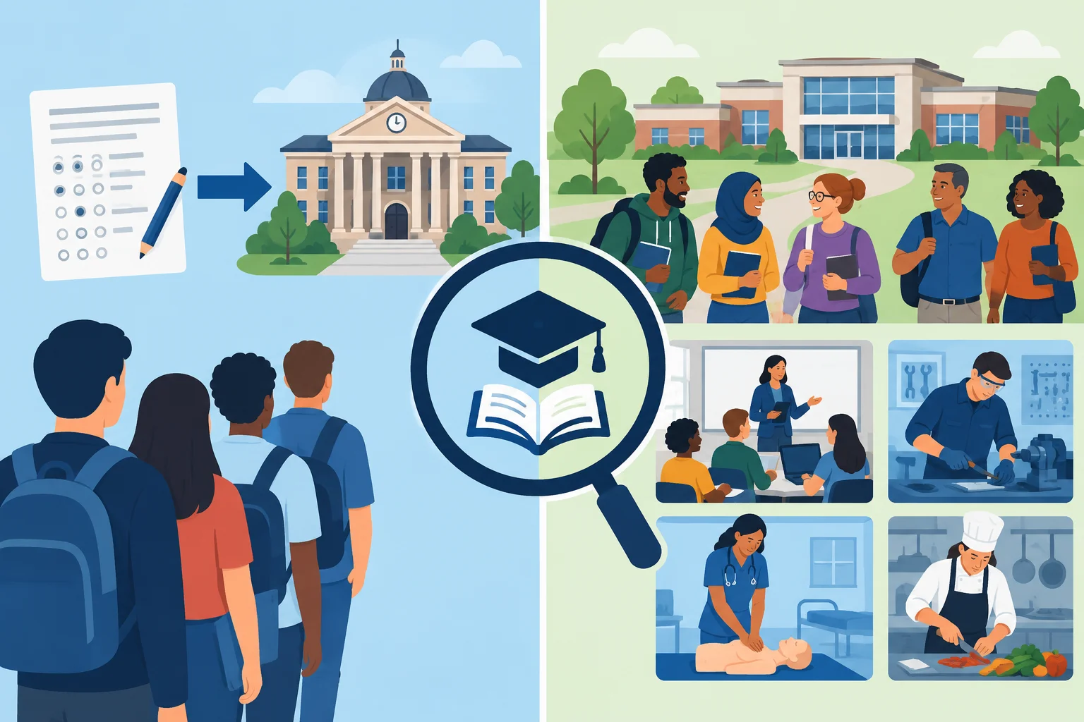 Comparação visual entre uma prova que seleciona candidatos para uma universidade e uma instituição de ensino superior voltada à comunidade local.