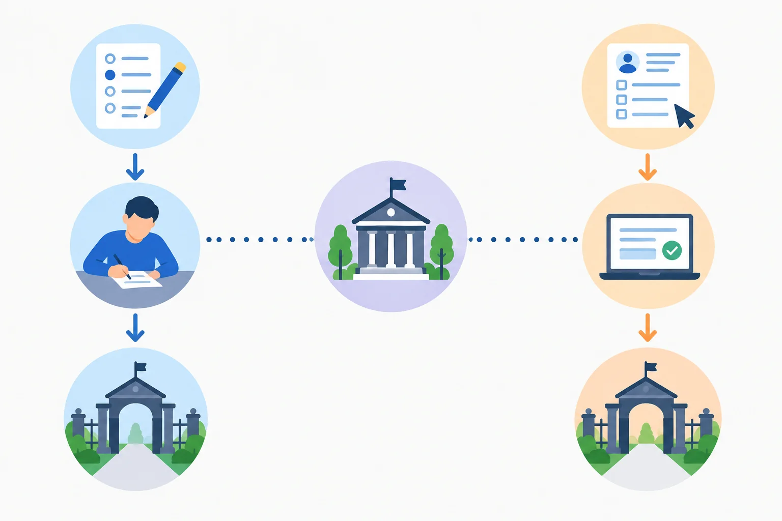 Dois percursos institucionais diferentes ligados apenas por uma finalidade compartilhada, com etapas próprias permanecendo separadas.