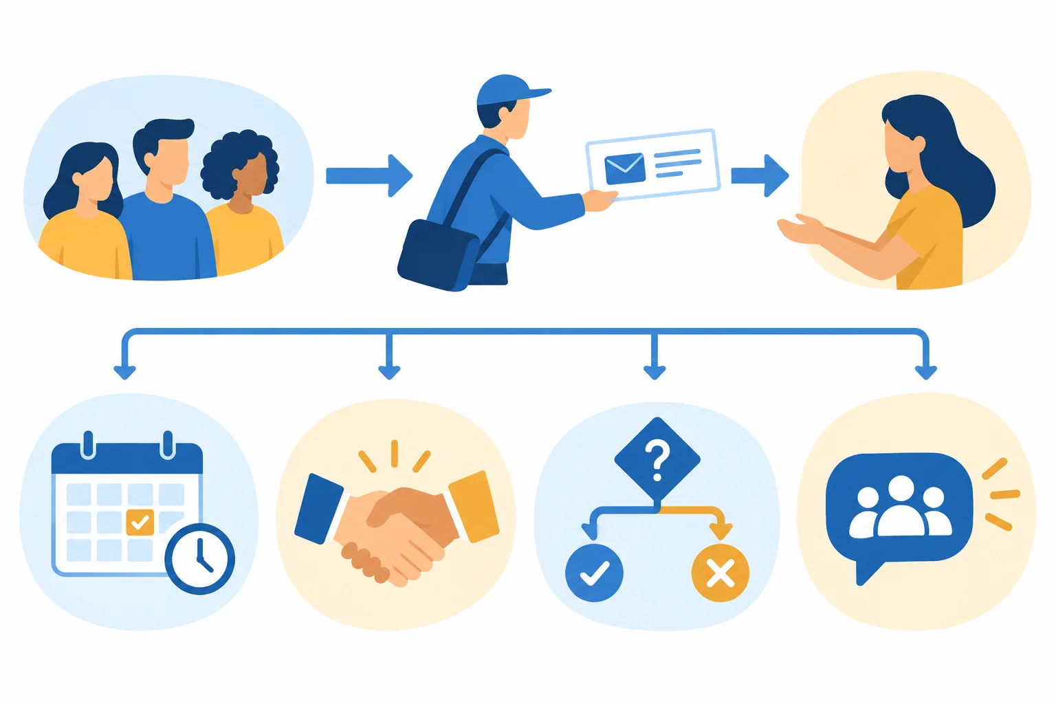 Diagrama com uma pessoa transmitindo uma mensagem e quatro elementos separados: expectativa de prazo, compromisso, condição e atribuição à equipe.