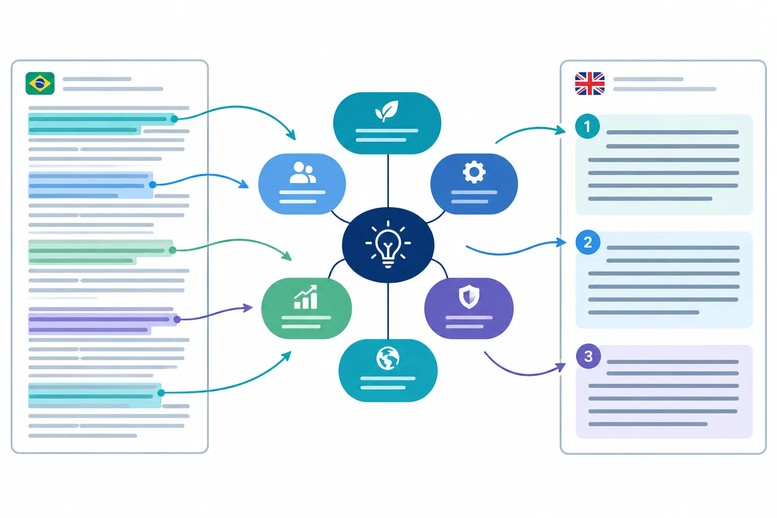 Diagrama mostrando fragmentos de uma fonte em português reunidos em um esquema de sentido e transformados em um resumo organizado em inglês.