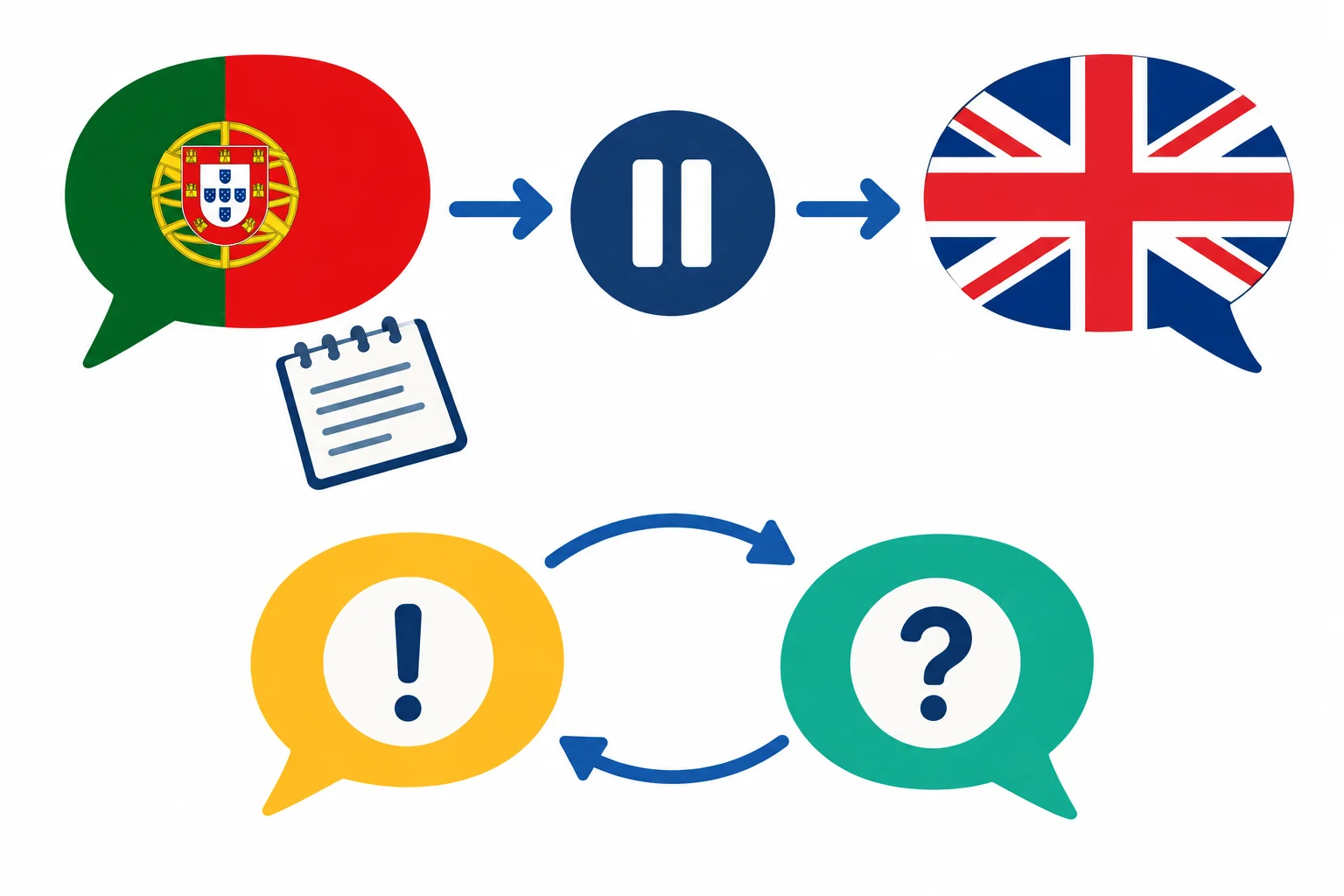 Diagrama mostrando duas unidades de fala, cada uma seguida de pausa, nota breve e repasse para o outro idioma.