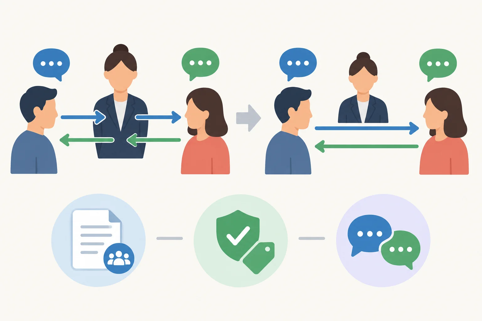 Diagrama em que a conversa deixa de passar pelo mediador e passa diretamente entre dois participantes.