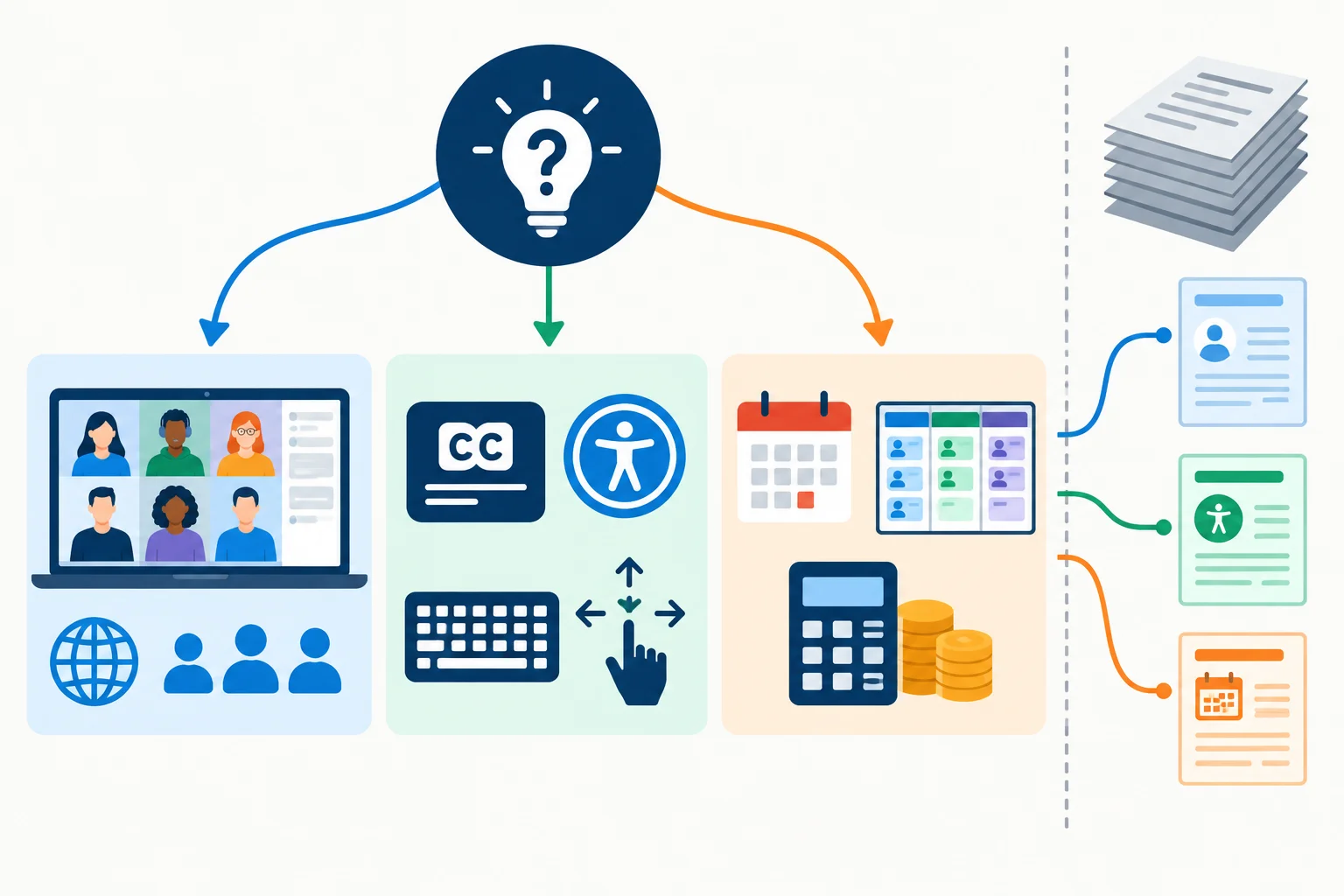 Diagrama mostrando uma pergunta de projeto ligada a três necessidades informativas: alcance, acessibilidade e viabilidade operacional; documentos genéricos ficam separados dos documentos ligados a essas necessidades.