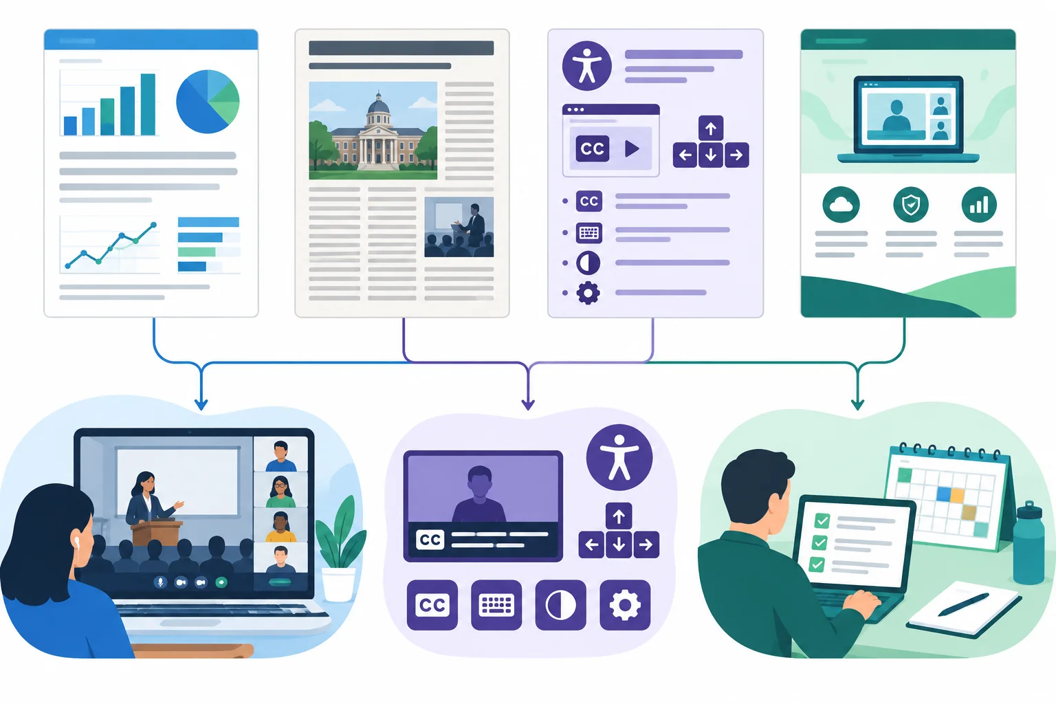 Diagrama com quatro documentos diferentes apontando para participação remota, acessibilidade e operação de eventos.