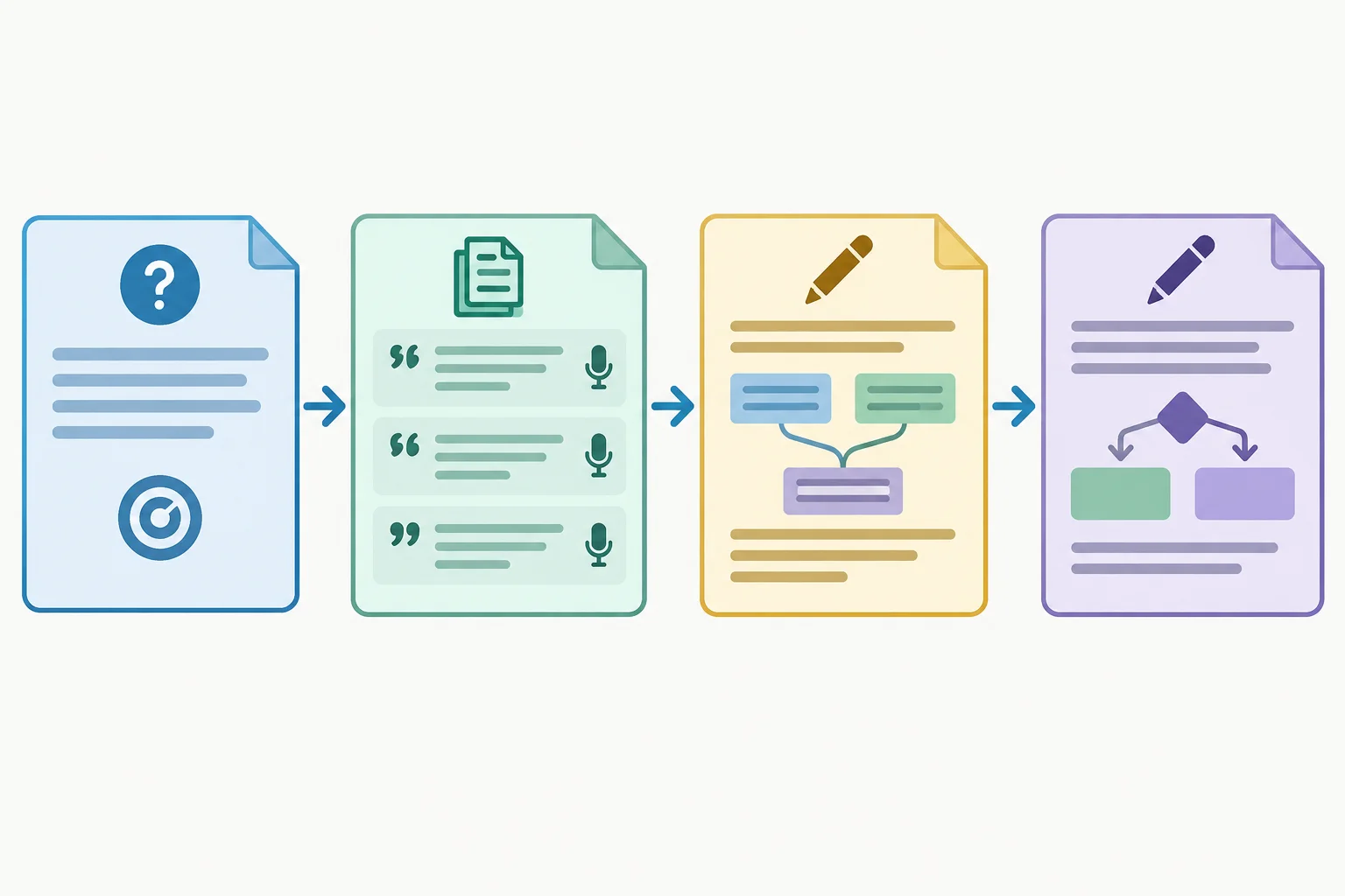 Diagrama de quatro blocos conectados: pergunta, evidências escritas e orais, análise de uma tensão e conclusão condicional.