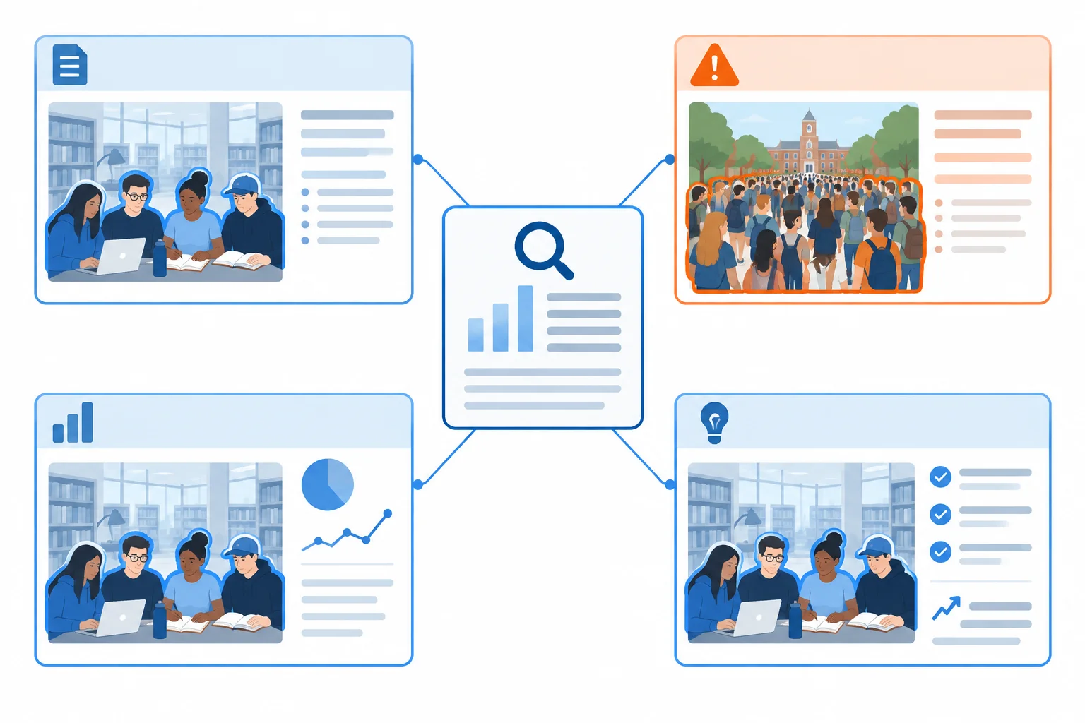 Diagrama de um grupo específico de estudantes usuários noturnos ligado a várias seções do dossiê, contrastado com uma referência indevidamente ampliada à comunidade universitária.