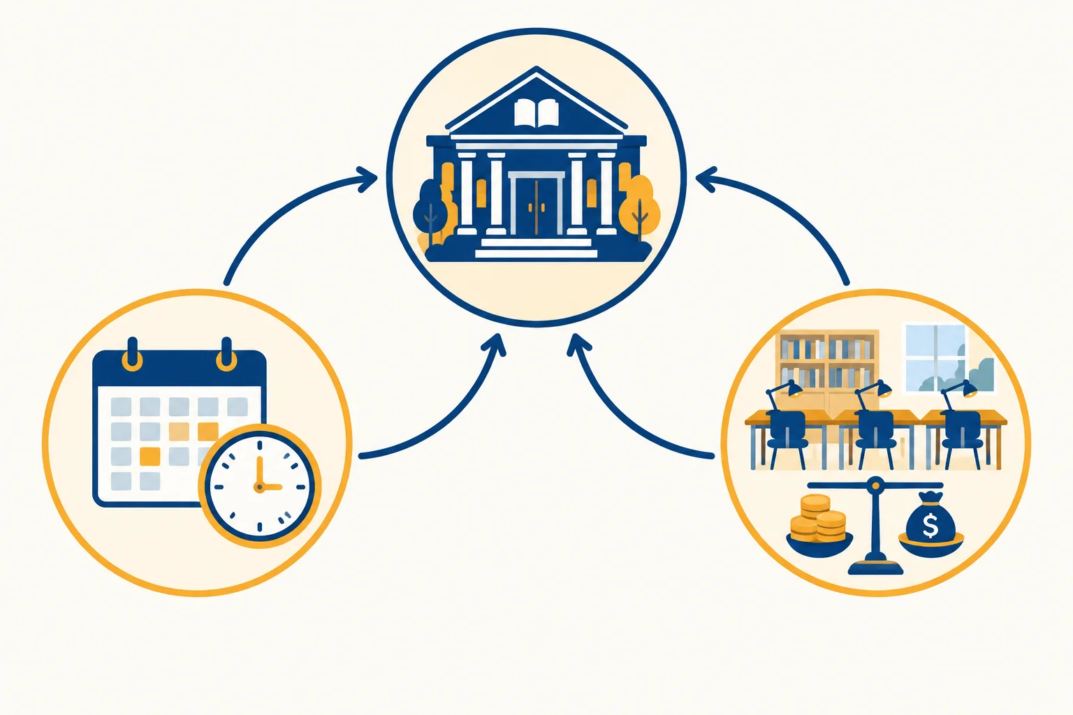 Diagrama com um núcleo central sobre a proposta da biblioteca, dois caminhos de aprofundamento e setas de retorno ao núcleo.