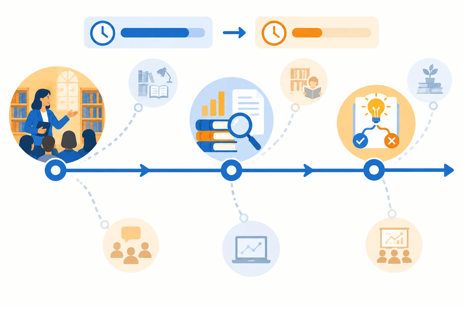 Linha do tempo de uma apresentação com caminho central preservado, módulos laterais opcionais e redução de tempo no início.