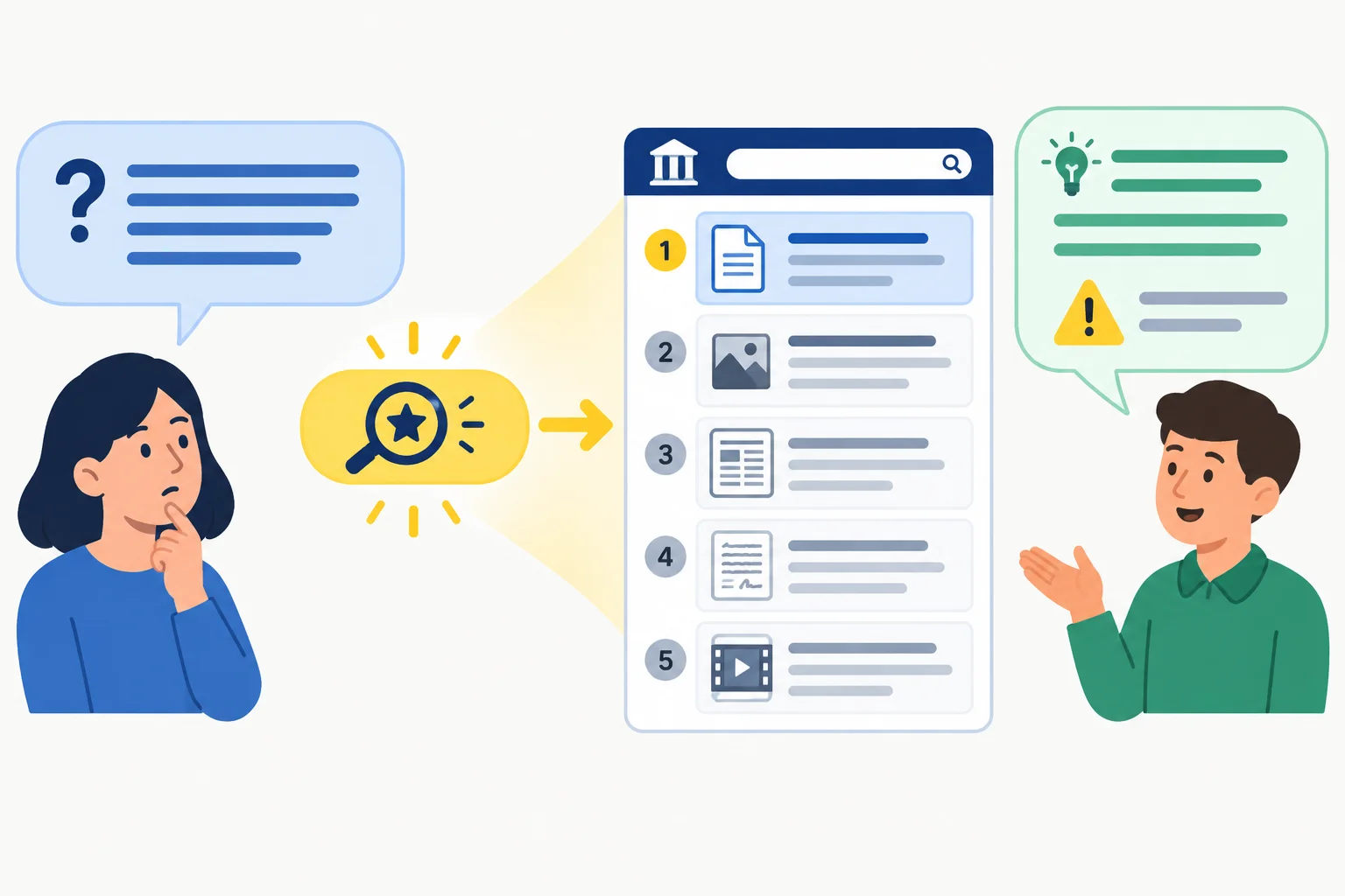Diagrama de uma dúvida sobre “relevance” conectada a uma lista ordenada de resultados de busca e a uma explicação simples com ressalva.