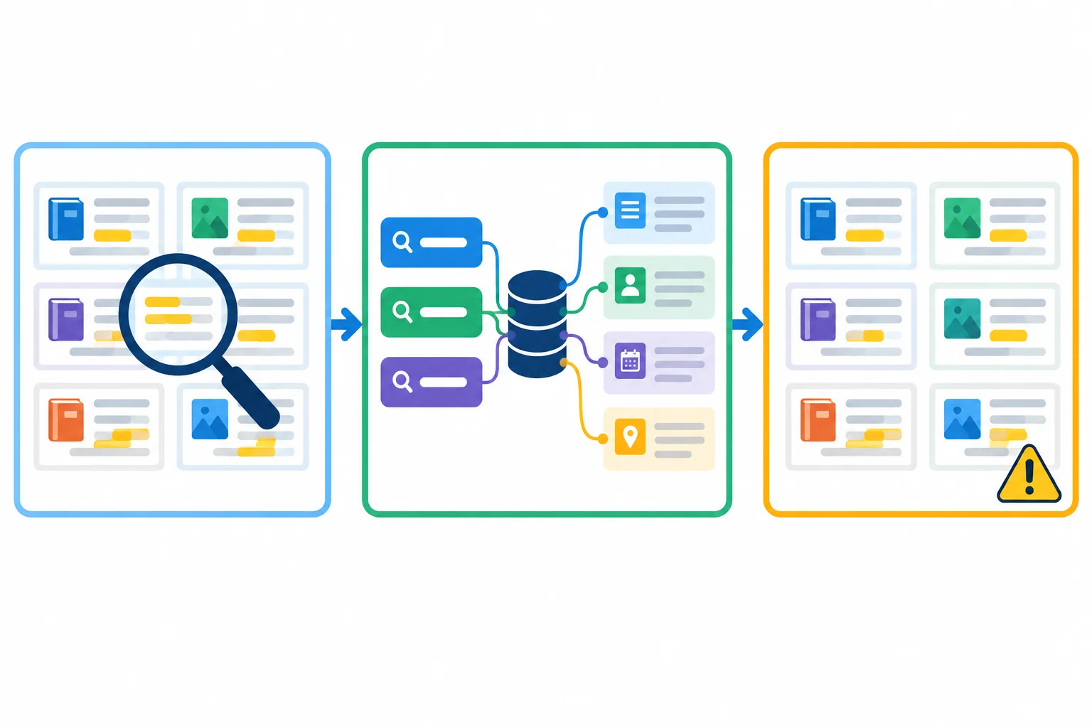 Diagrama em três etapas: busca de palavras em registros, índice técnico de metadados e o mesmo resultado com um limite preservado.