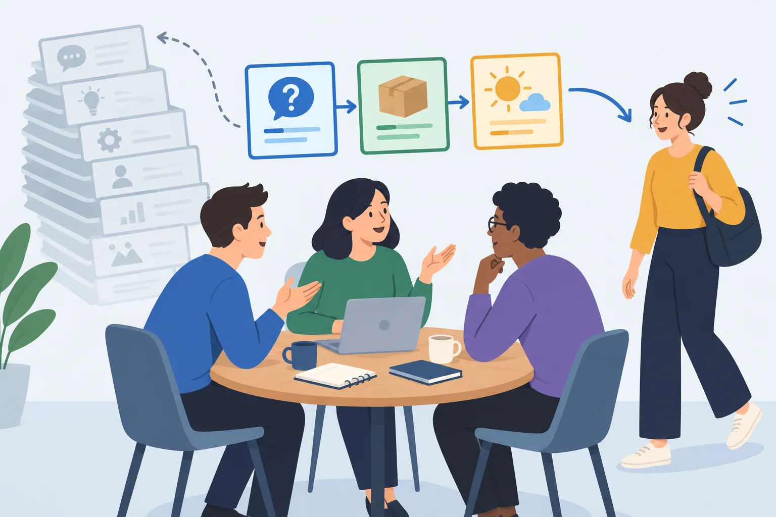 Diagrama de uma pessoa entrando em uma conversa e recebendo três blocos essenciais de contexto, sem receber toda a discussão anterior.