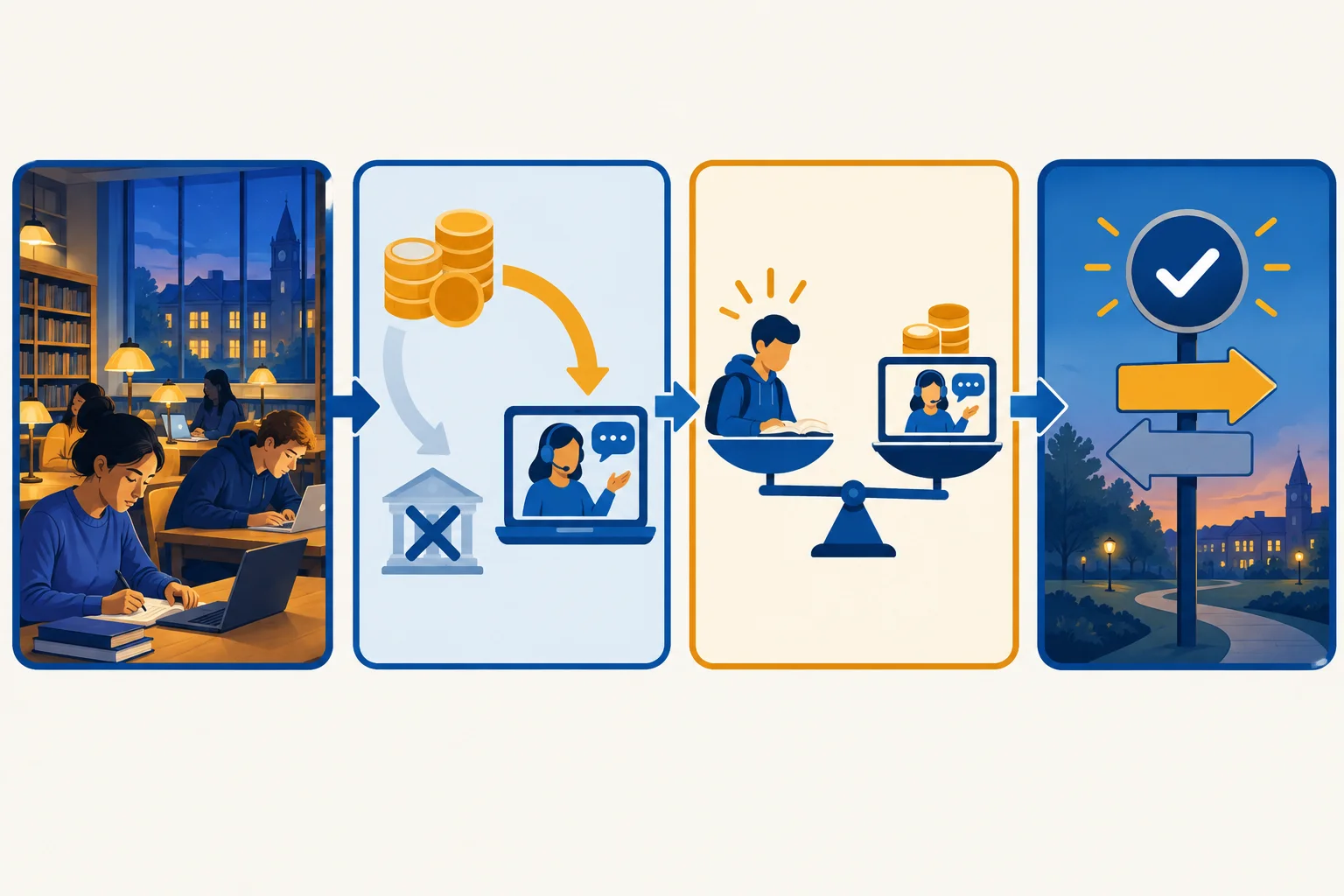 Diagrama em quatro etapas: biblioteca noturna, recursos redirecionados, necessidade estudantil que permanece e decisão atualizada.