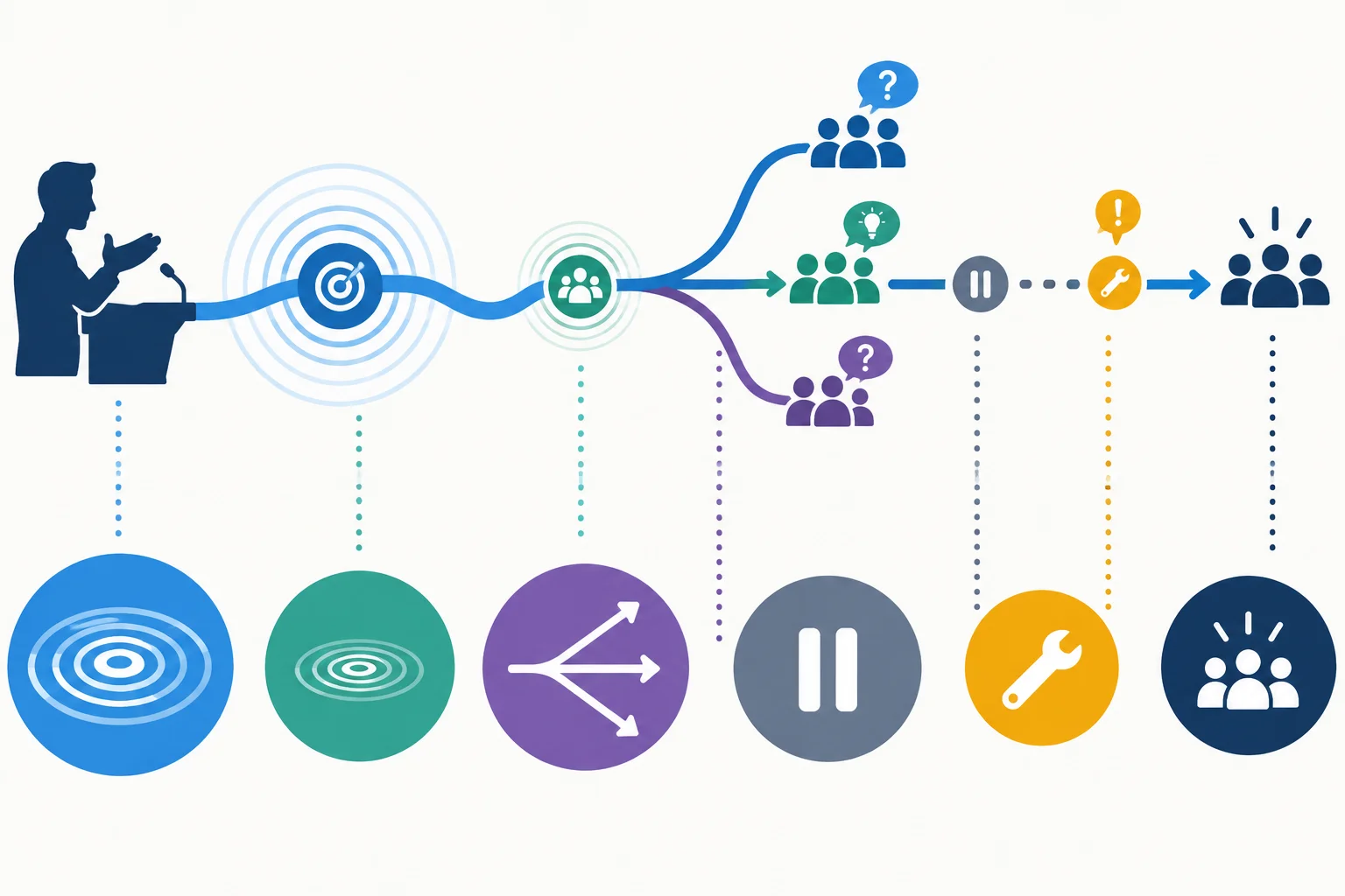 Diagrama mostrando que um erro de alto impacto e risco imediato interrompe a fala, enquanto um detalhe de baixo risco pode esperar uma pausa próxima.