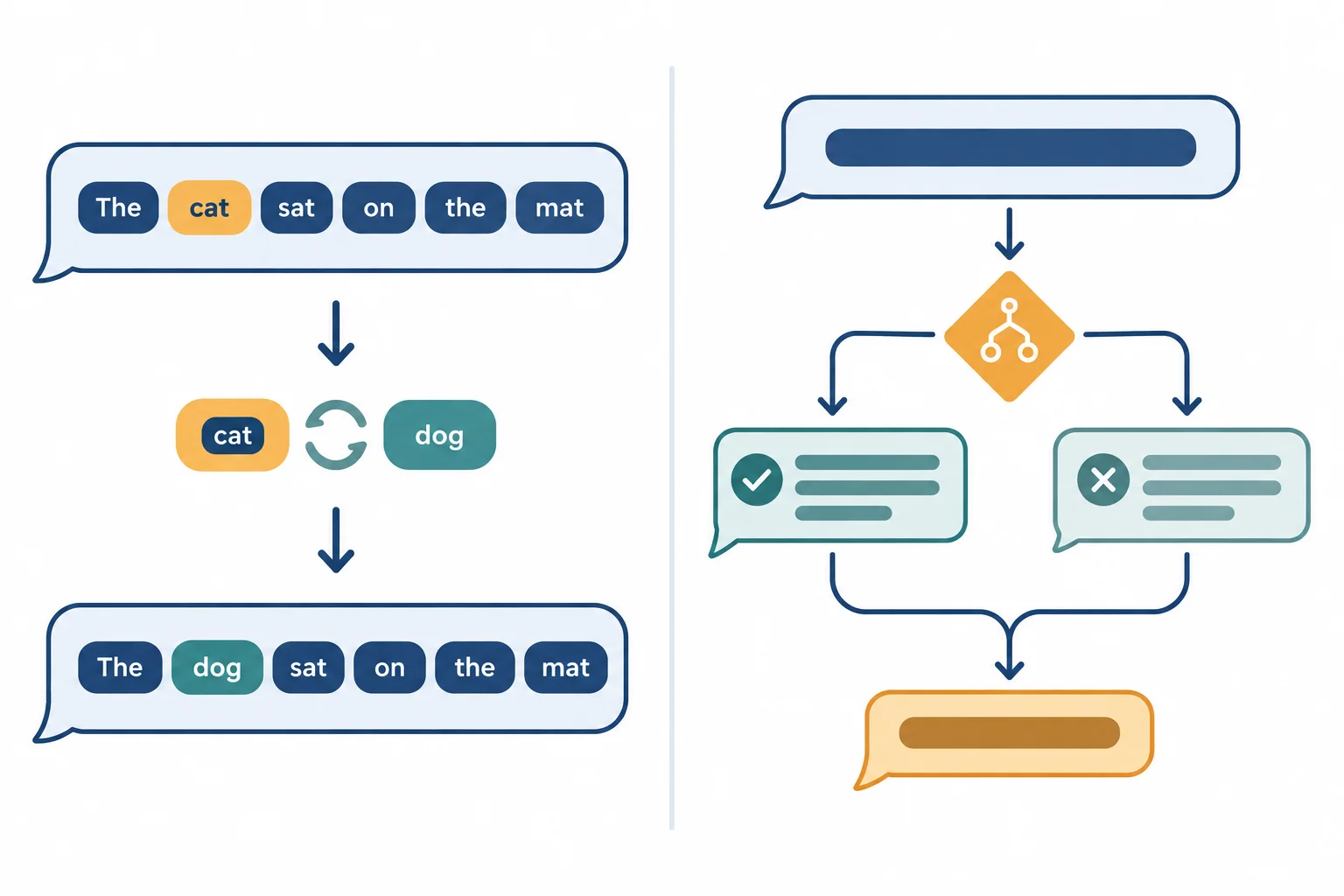 Diagrama comparando a substituição de um elemento isolado com a reconstrução de uma relação entre condição e conclusão.