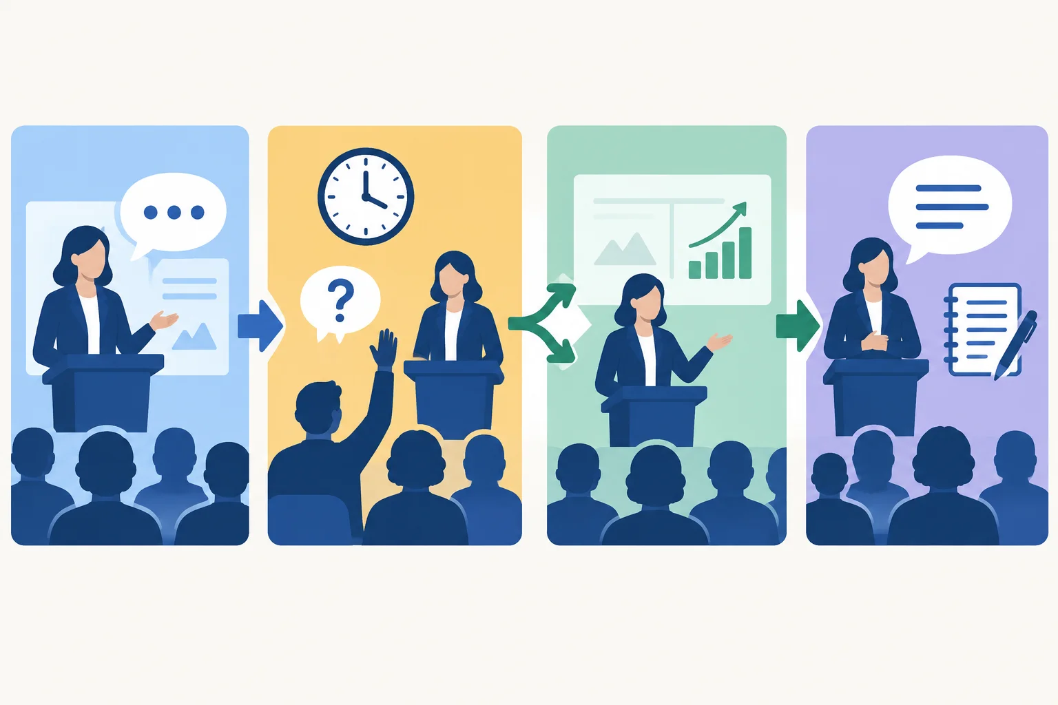Diagrama com quatro etapas conectadas: apresentação, intervenção com redução de tempo, atualização da posição e encerramento com registro.