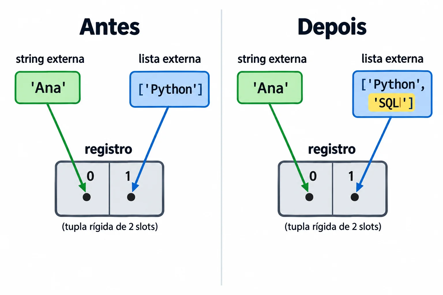 Antes e depois do append: a tupla registro mantém duas posições. A posição 0 aponta para Ana e a posição 1 aponta para a mesma lista, que passa de ['Python'] para ['Python', 'SQL'].