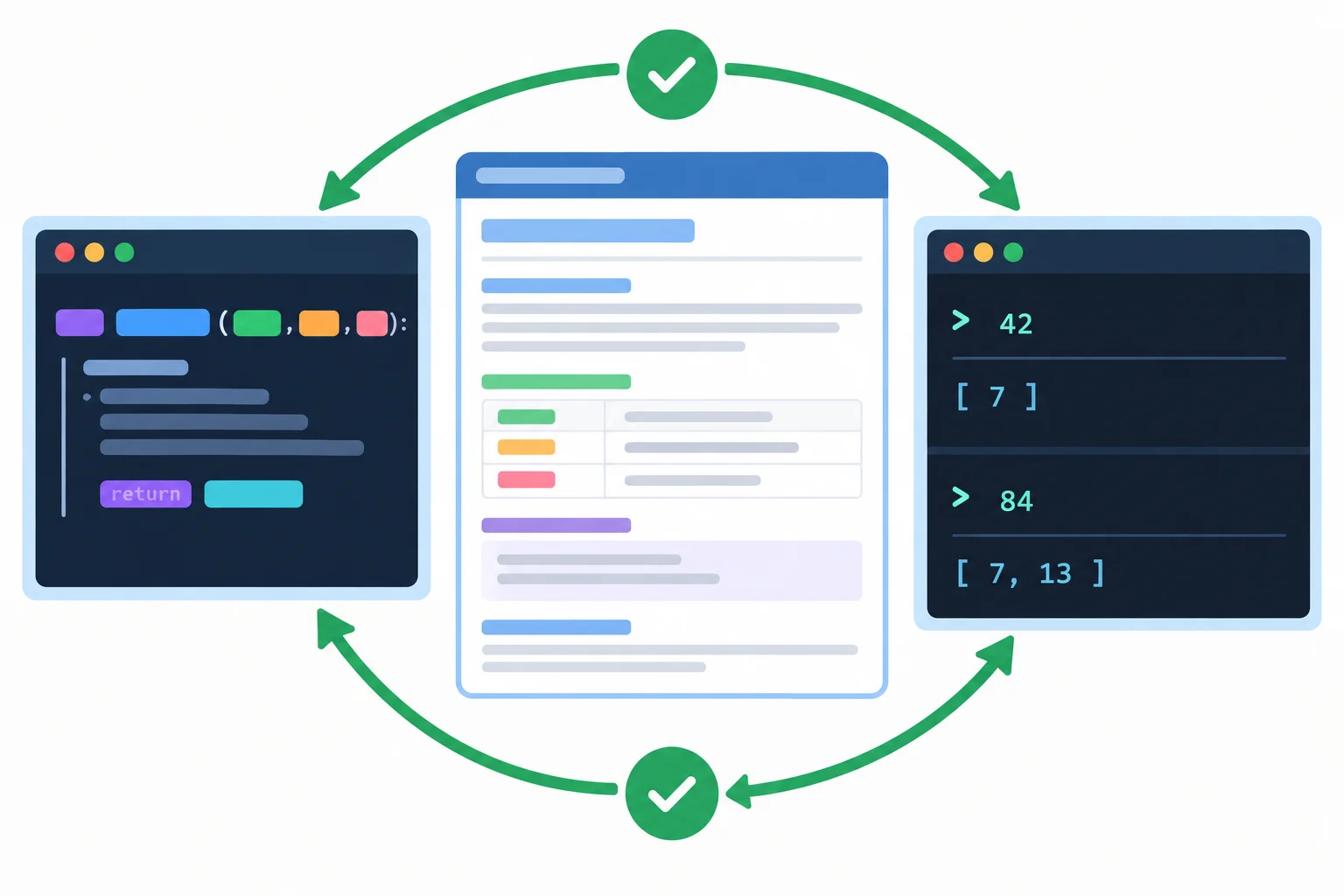 Diagrama com três painéis conectados: assinatura da função, documentação interna e resultados no console, todos unidos por setas e marcas de conferência.