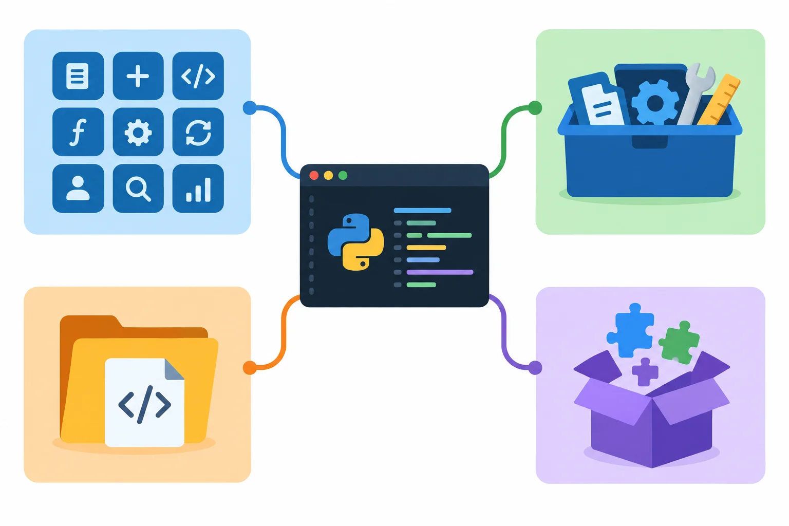 Diagrama com quatro origens de recursos conectadas a um programa Python: núcleo embutido, caixa de ferramentas padrão, pasta do projeto e pacote separado.
