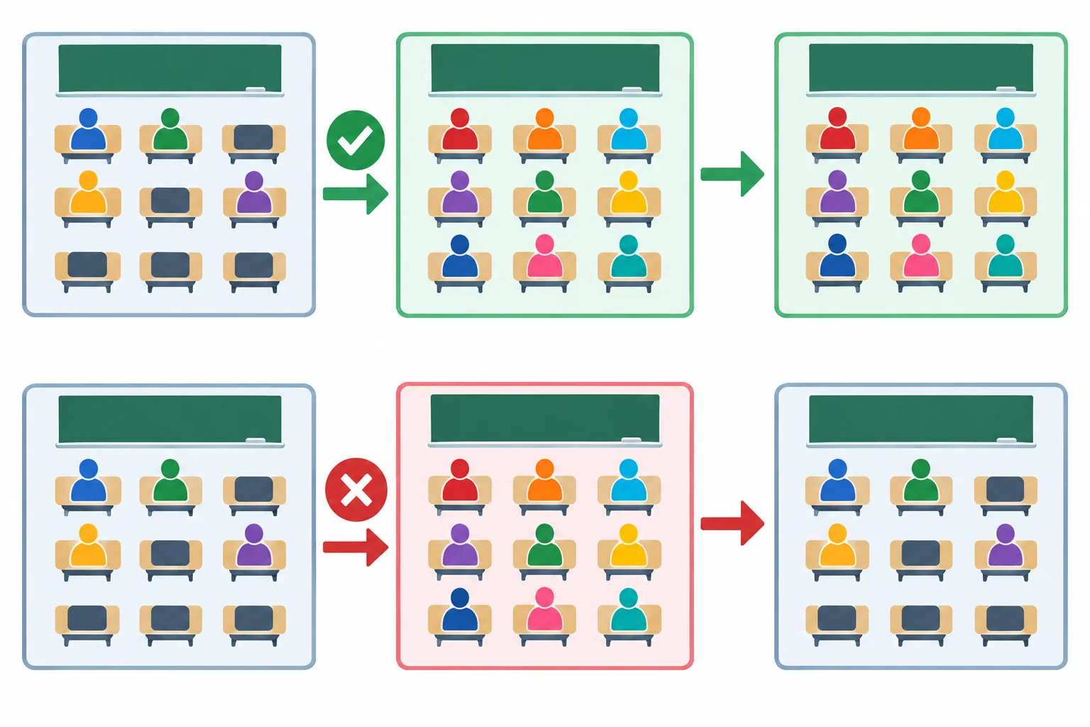 Diagrama comparando uma proposta aceita, que substitui todo o estado anterior, com uma proposta rejeitada, que mantém o estado anterior intacto.