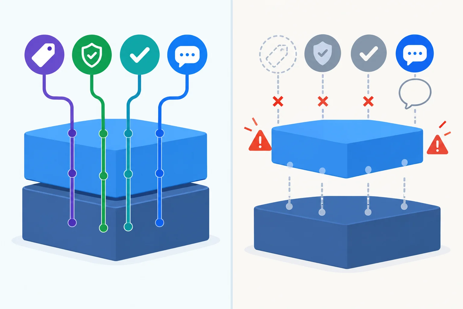 Comparação entre uma especialização apoiada em uma base íntegra e outra com partes herdadas desconectadas.