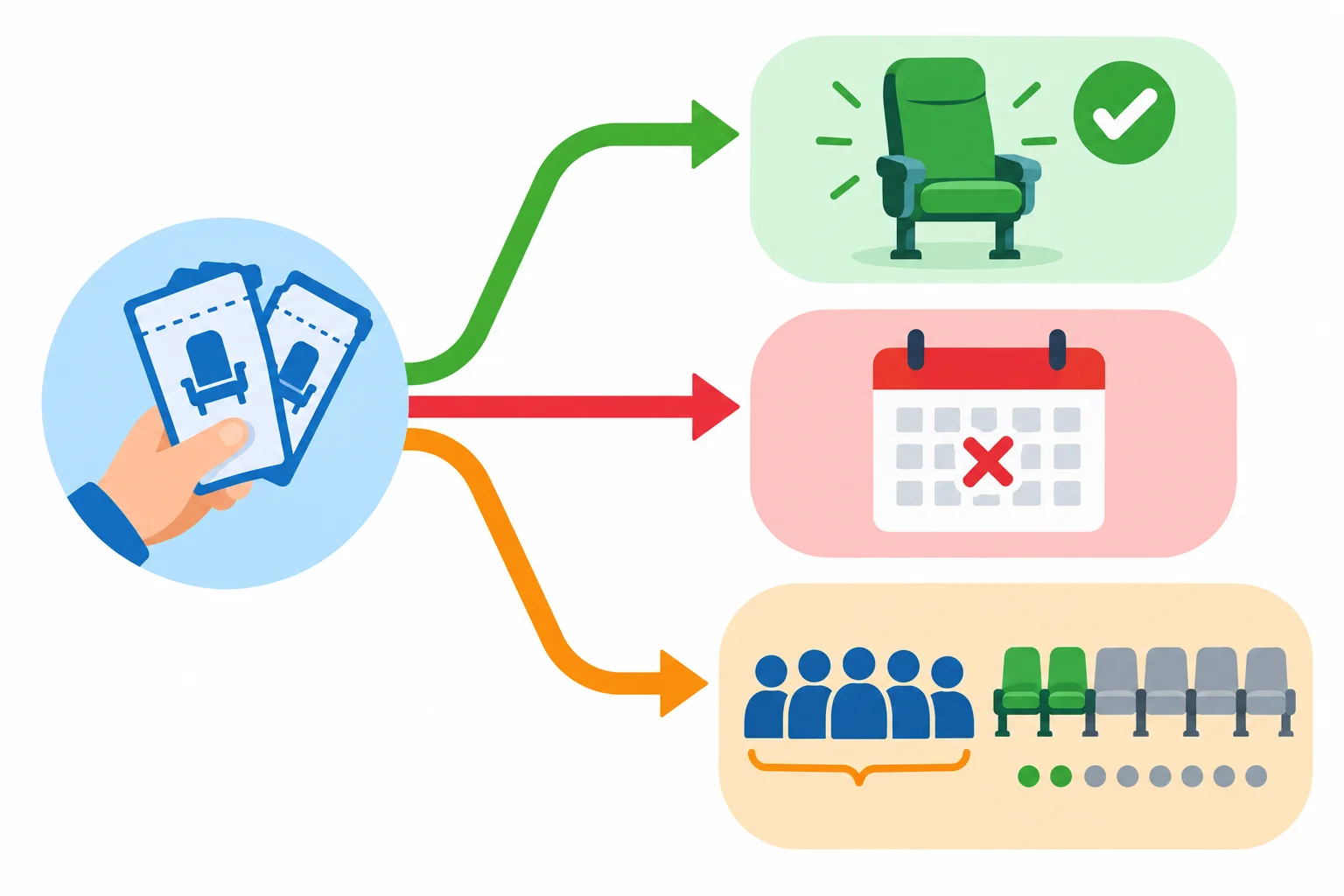 Diagrama visual de uma solicitação de reserva seguindo para sucesso, sessão encerrada ou vagas insuficientes.
