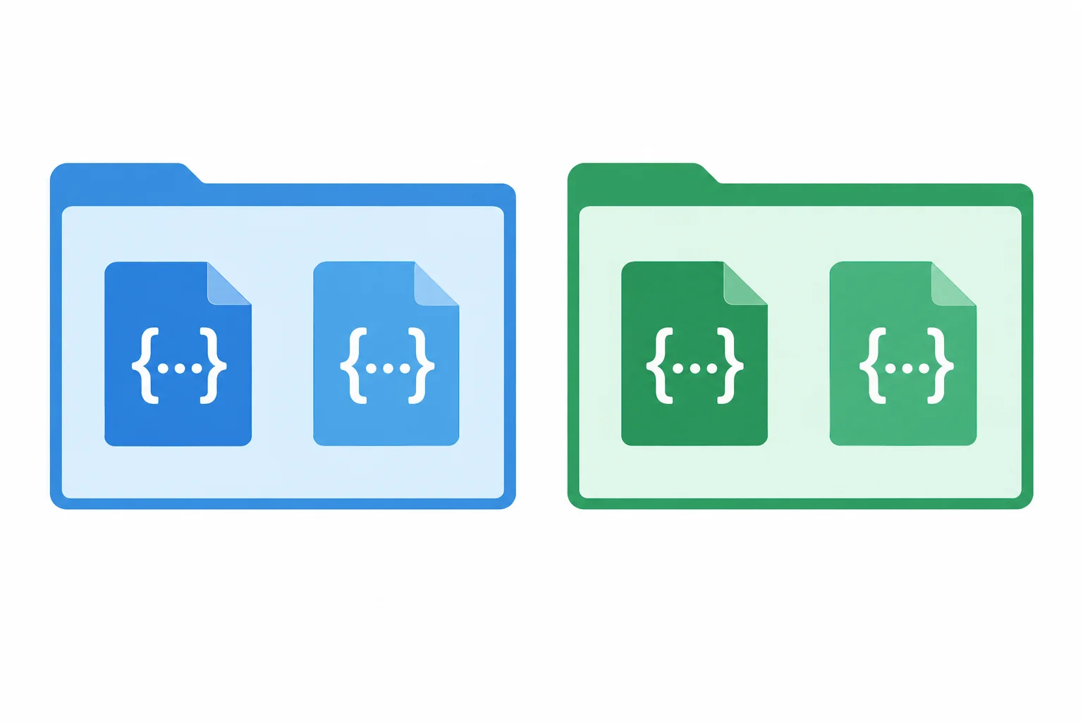 Dois diretórios temporários visualmente separados, cada um contendo seus próprios arquivos JSON de entrada e saída com nomes repetidos.