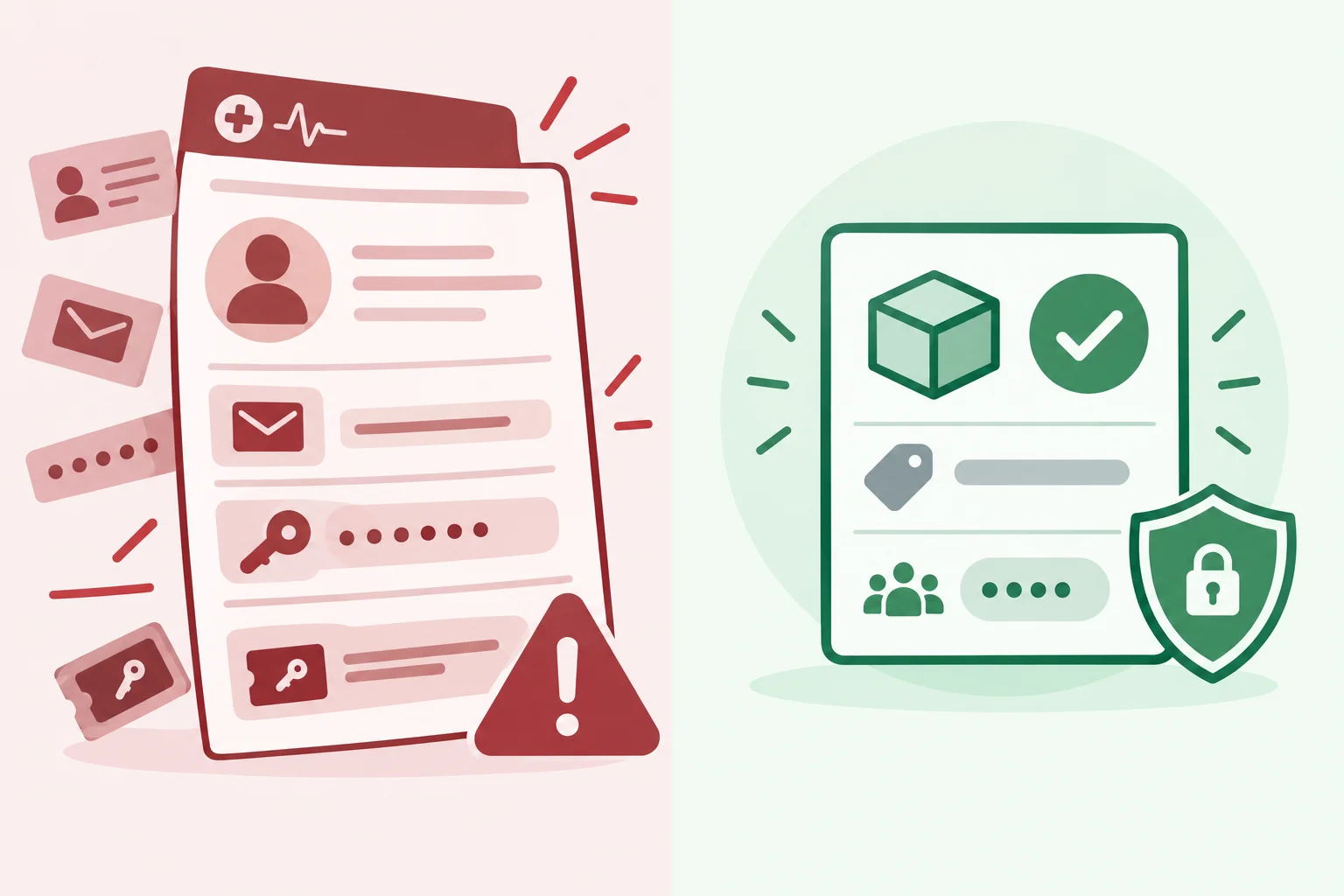 Comparação entre um registro sobrecarregado de dados pessoais e credenciais e um registro conciso com operação, referência e contagem.