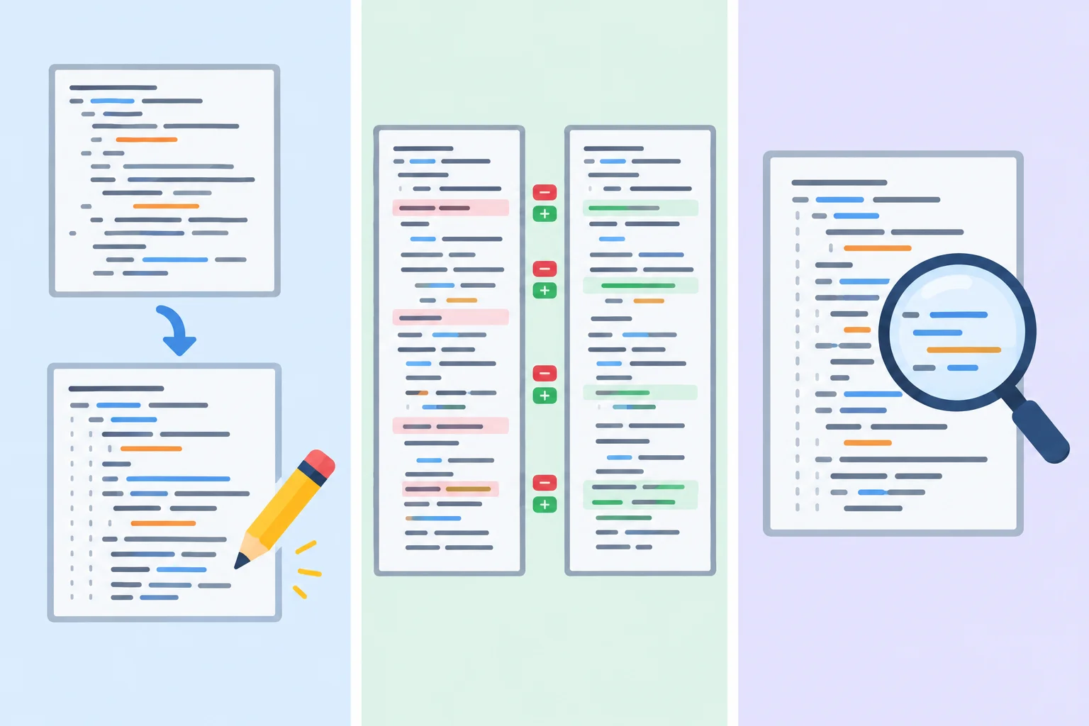 Diagrama com três caminhos: um grava alterações no arquivo, outro apresenta uma comparação e o terceiro somente verifica o arquivo sem modificá-lo.