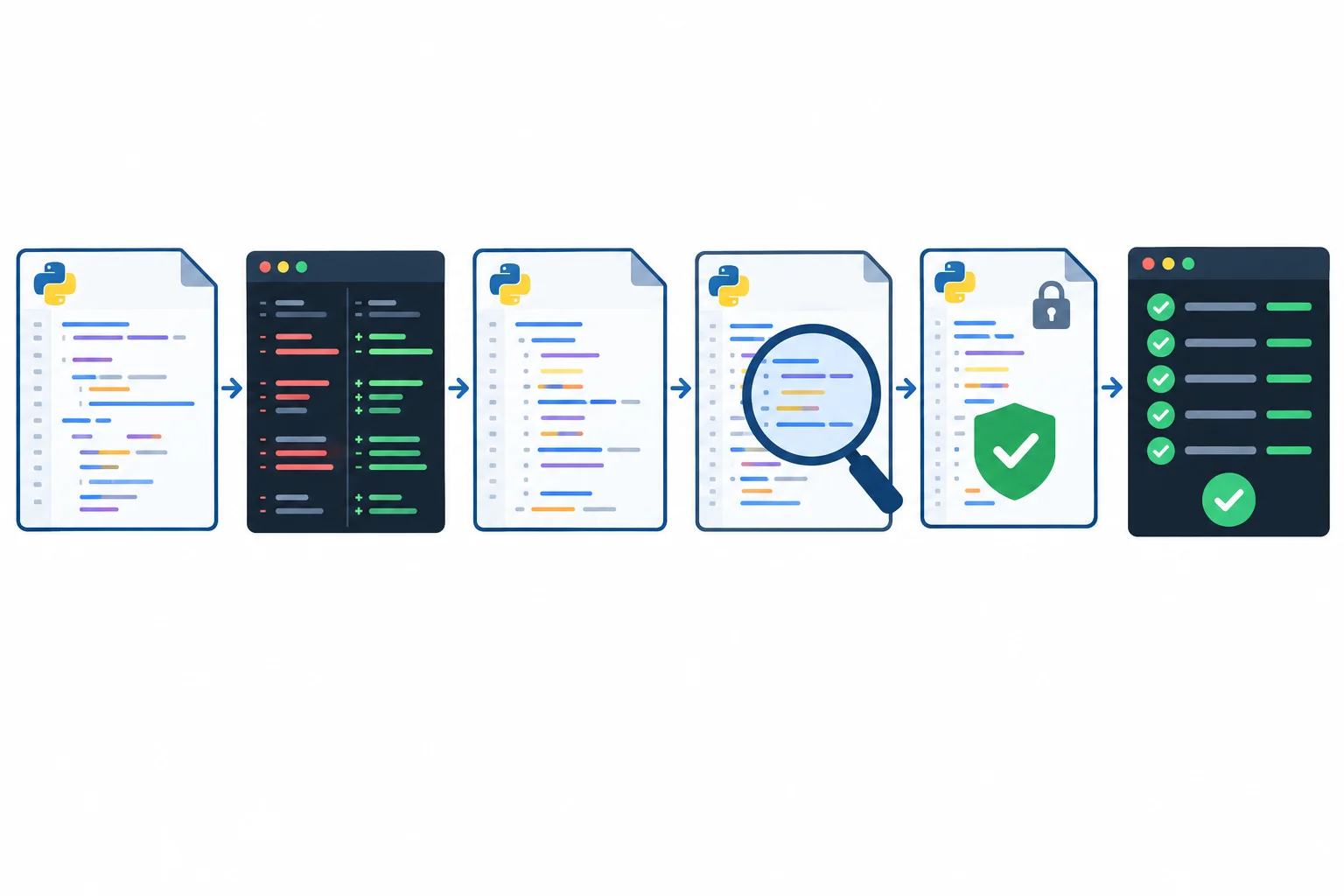Diagrama visual de um arquivo Python passando pela visualização de diferenças, formatação, revisão, verificação e execução de testes.
