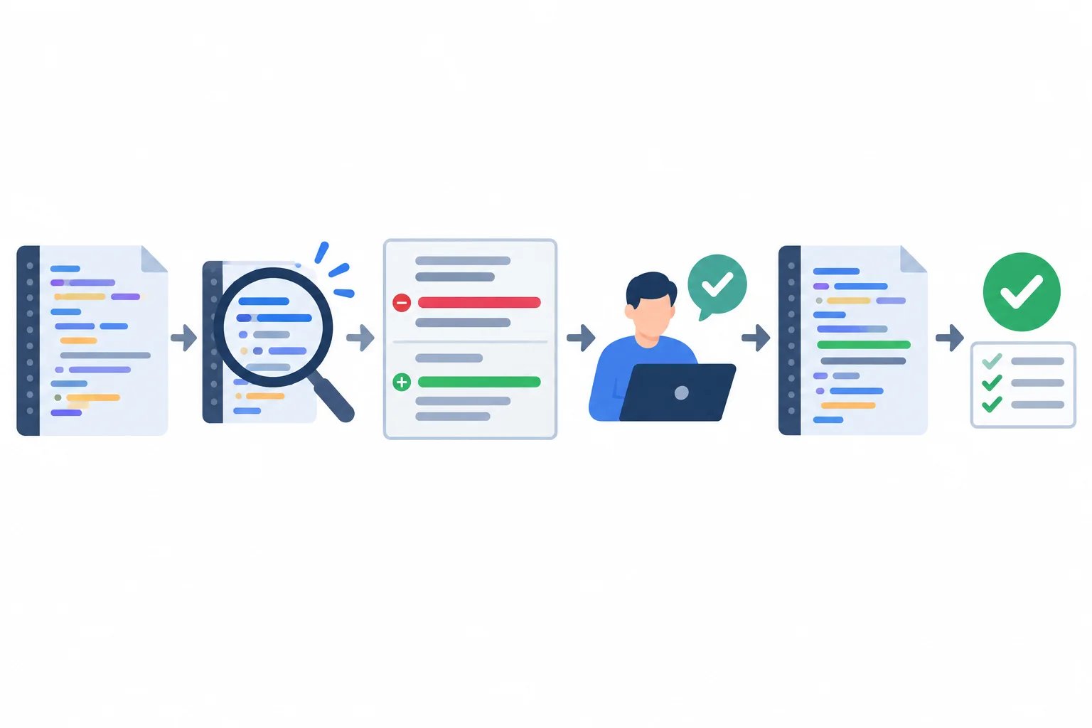 Fluxo visual no qual um arquivo Python passa pela análise, pela inspeção de uma linha removida, pela correção e pela verificação final.