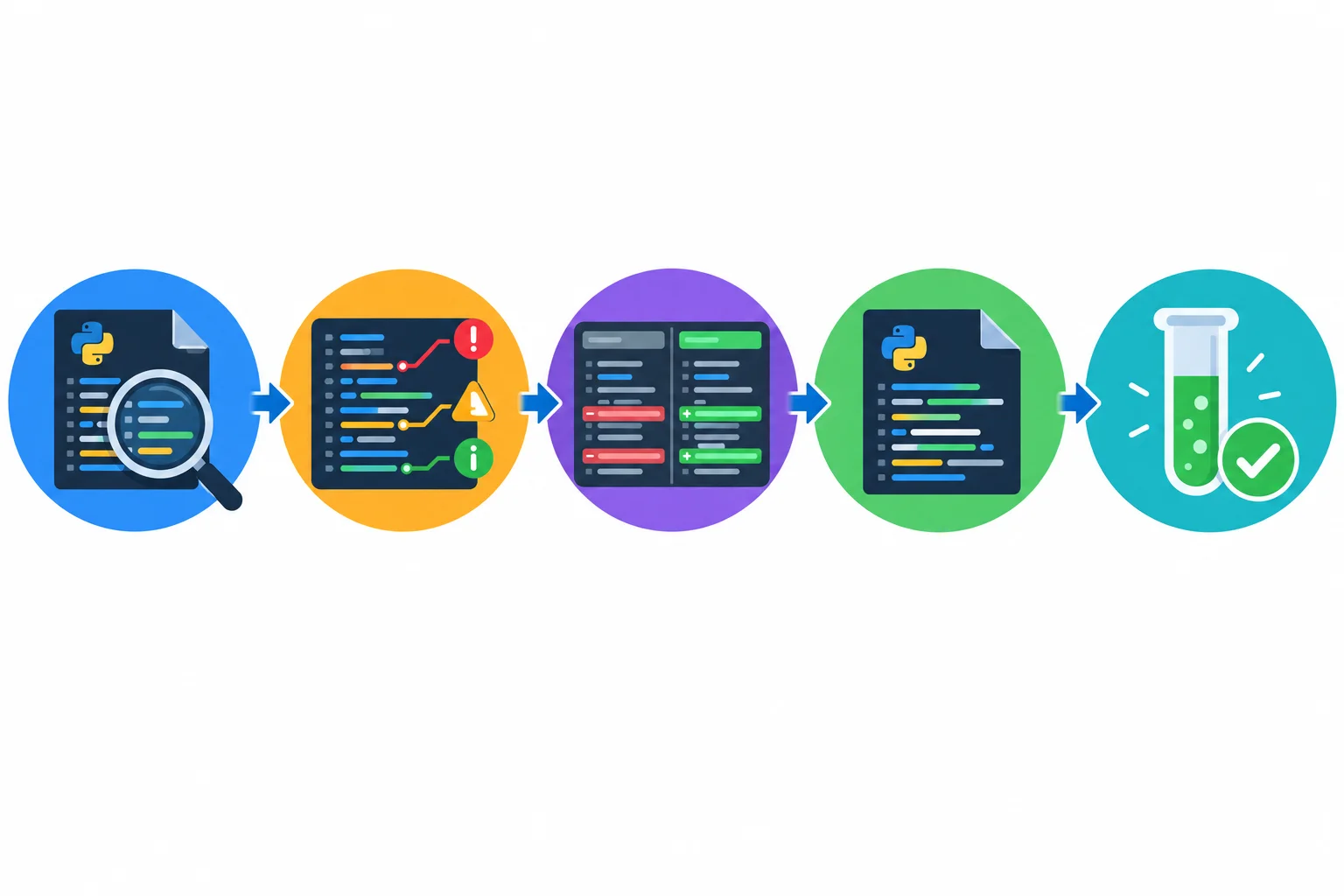 Fluxo circular em cinco etapas: analisar o arquivo, interpretar diagnósticos, revisar alterações, corrigir e verificar com testes.
