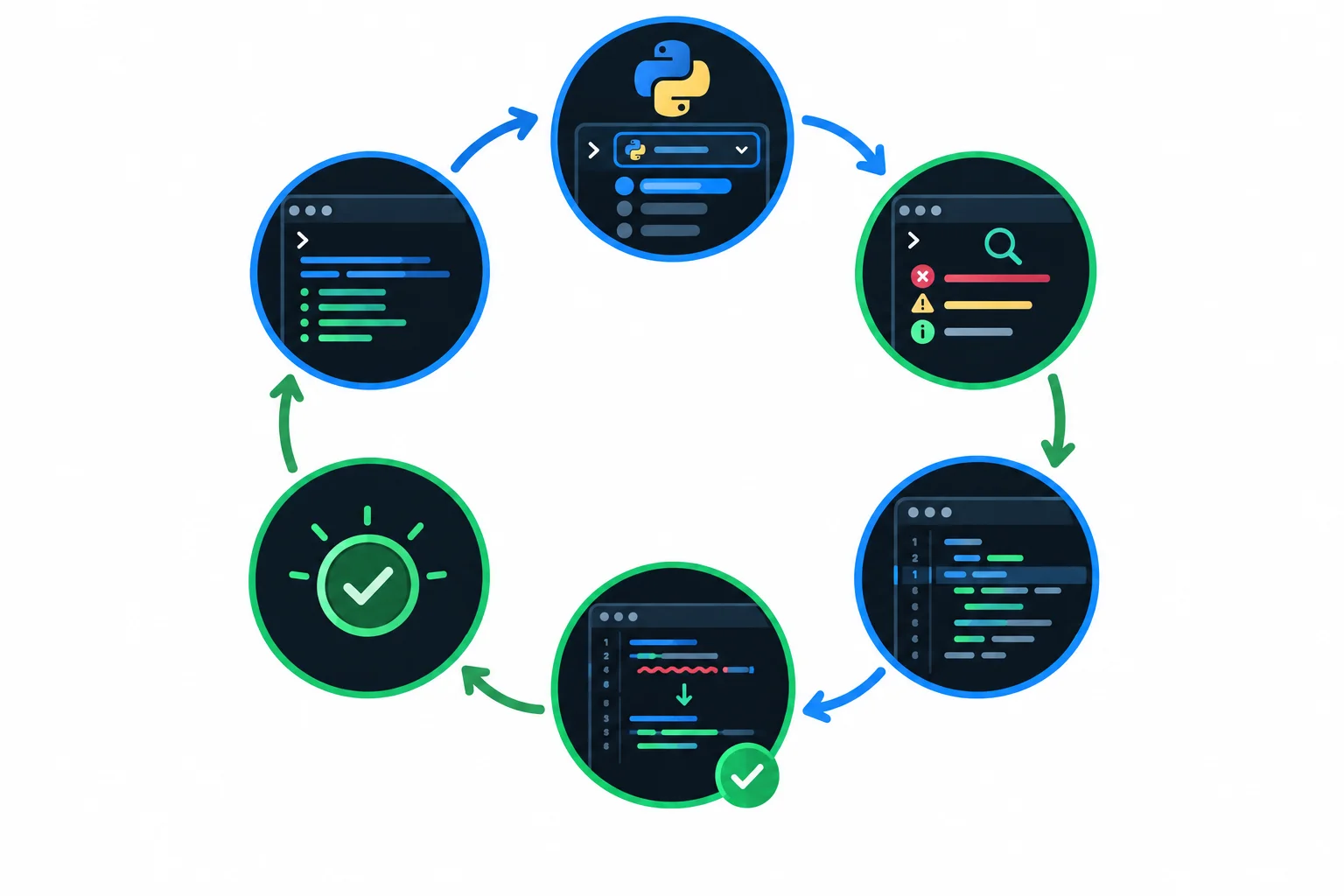 Diagrama em ciclo mostrando: conferir ambiente e versão-alvo, analisar com mypy, localizar o diagnóstico no código, corrigir, analisar novamente e executar o programa.