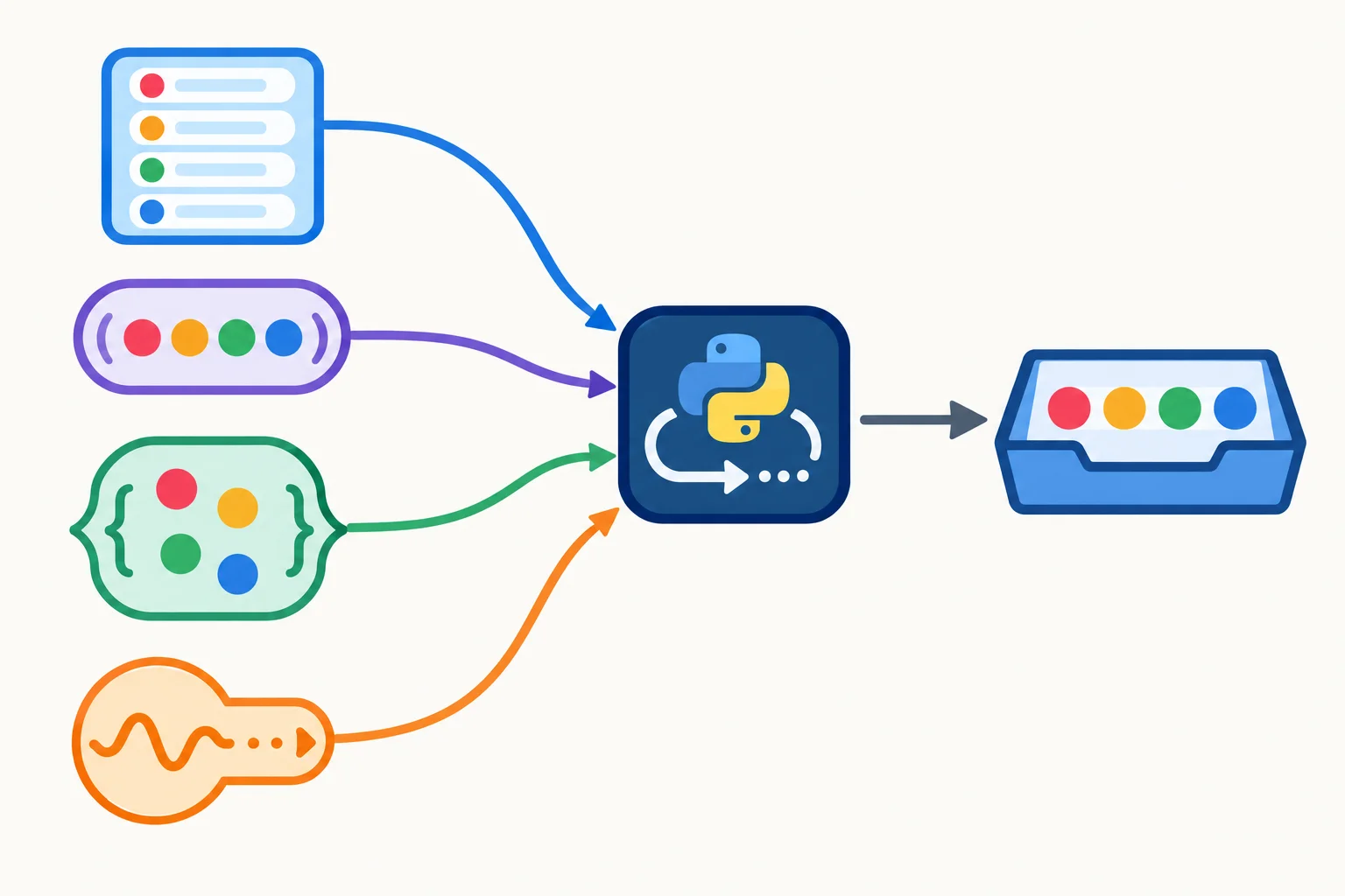 Diagrama mostrando lista, tupla, conjunto e fluxo de gerador convergindo para um laço for e produzindo uma saída comum.