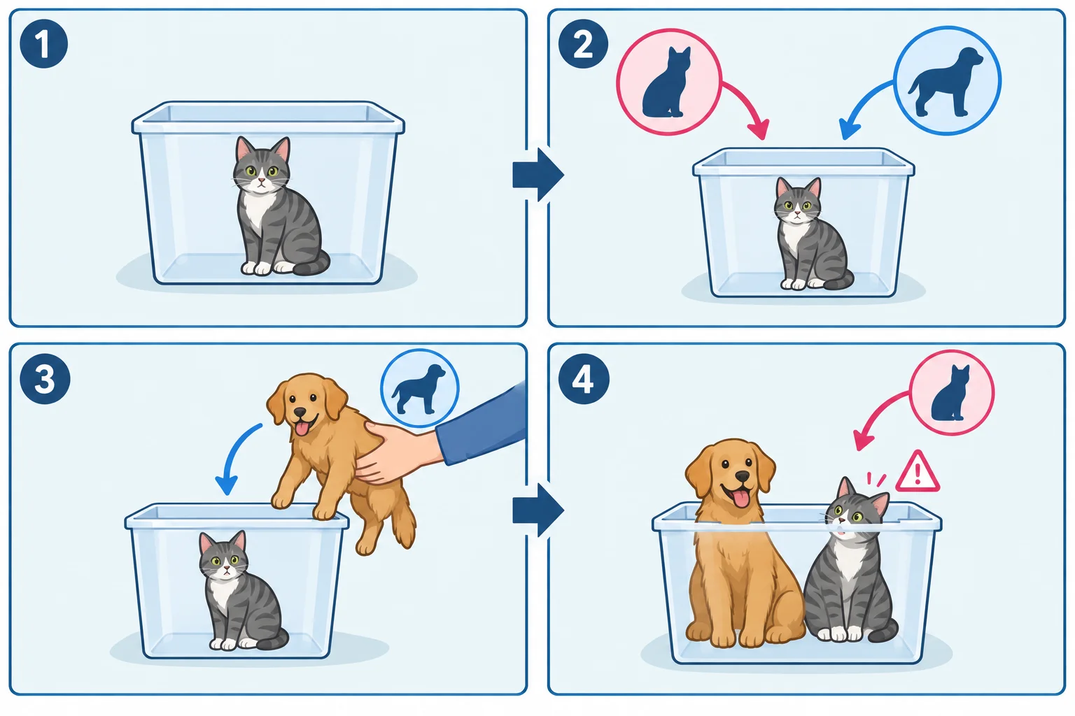 Diagrama em quatro etapas mostrando caixa com gato, duas referências para a mesma caixa, uma função que a vê como caixa de animais e escreve um cachorro, e a referência original lendo o cachorro como se fosse gato.