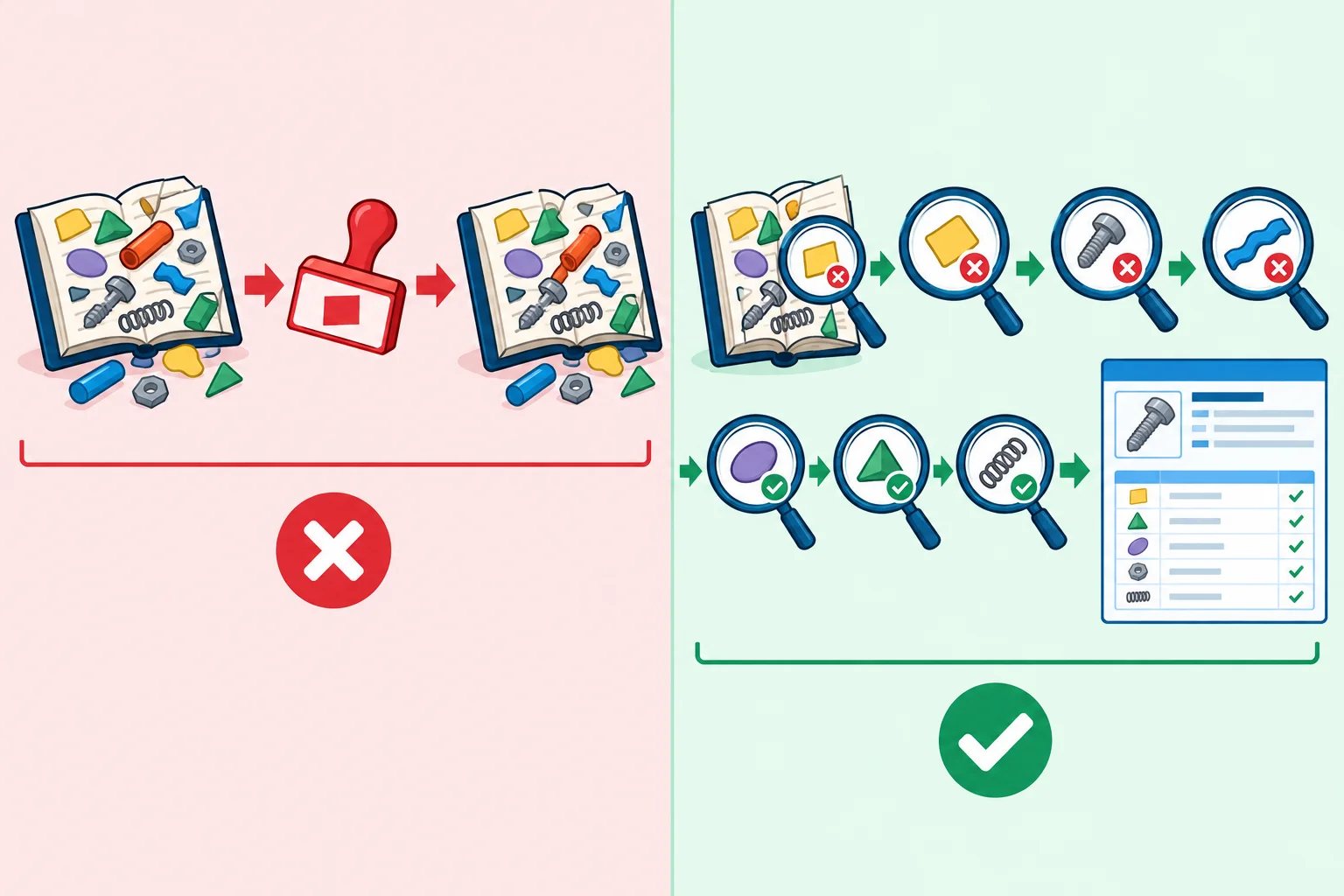 Diagrama dividido mostrando um dado externo desorganizado que recebe apenas um selo de tipo no caminho da esquerda e, no caminho da direita, passa por inspeções antes de seguir como registro tipado.