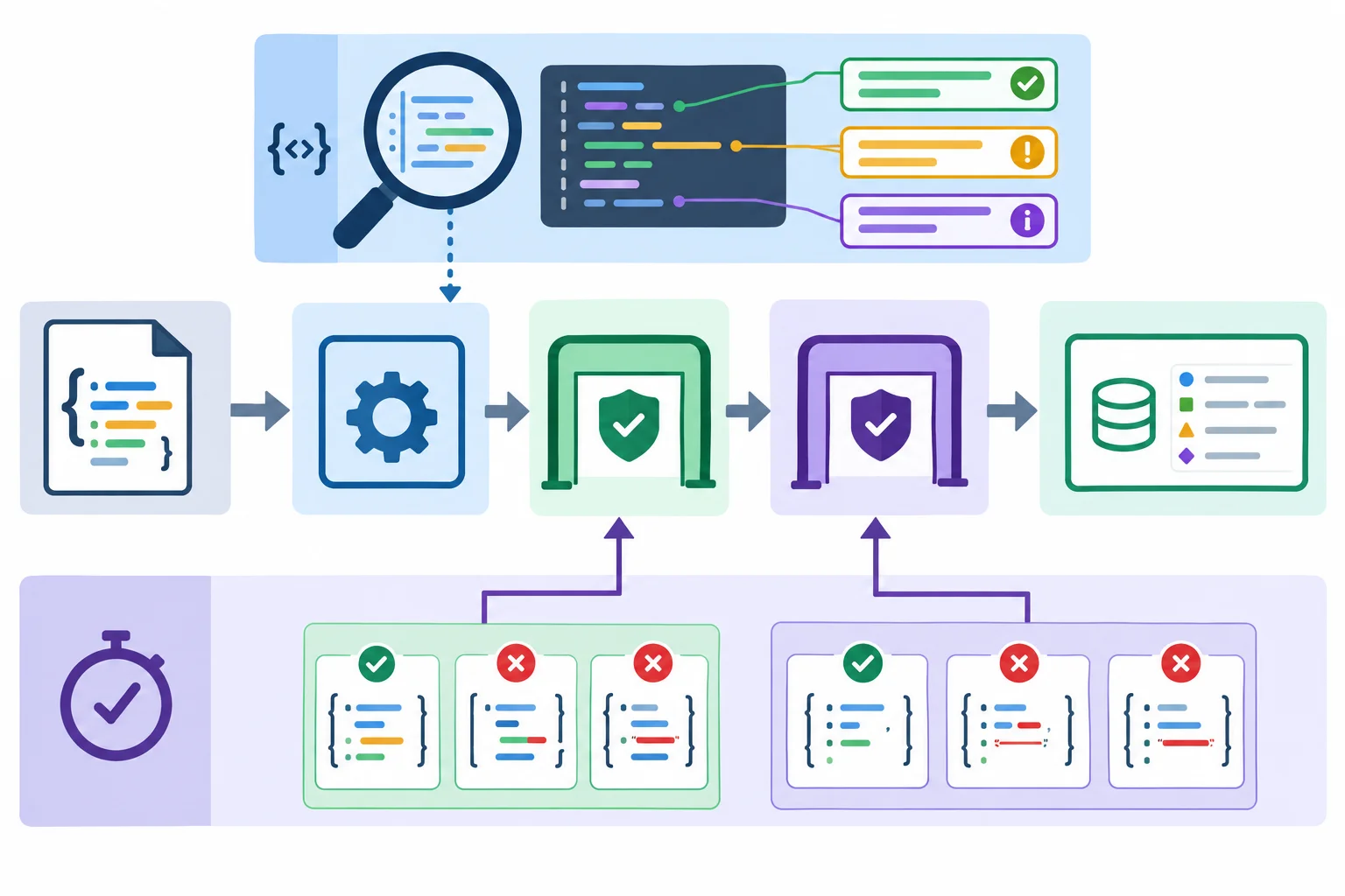 Diagrama mostrando JSON passando por desserialização, validação estrutural e validação semântica até Produto. Mypy aponta para o código anotado e pytest aponta para entradas válidas e inválidas executadas.