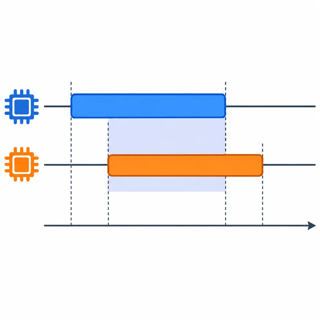 Azul e laranja executam com trechos ativos alinhados no mesmo instante.