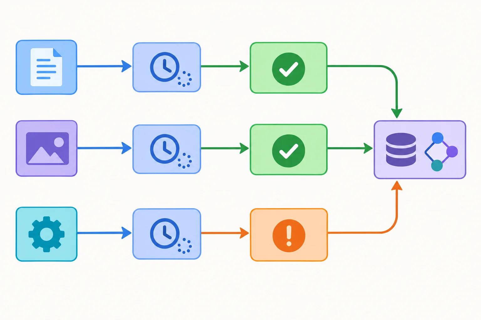 Diagrama mostrando três entradas ligadas a três Futures; dois Futures levam a resultados de sucesso e um Future leva a uma exceção, todos identificados pelas entradas originais.