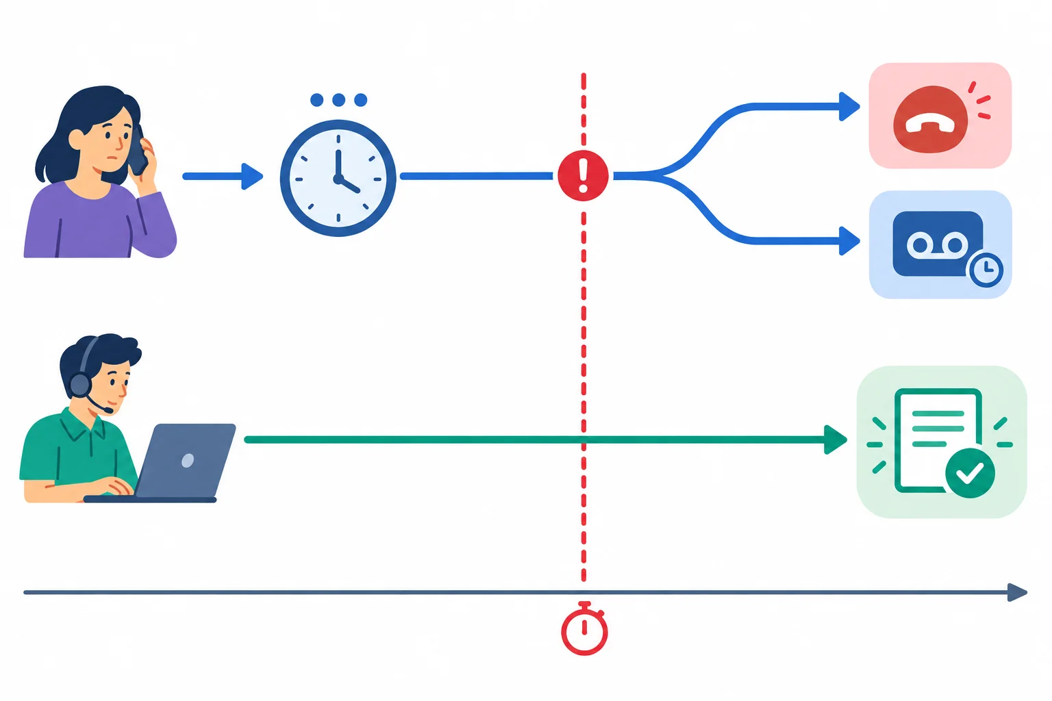 Linha do tempo com o chamador parando sua espera no limite de timeout e um trabalhador continuando até produzir um resultado mais tarde.
