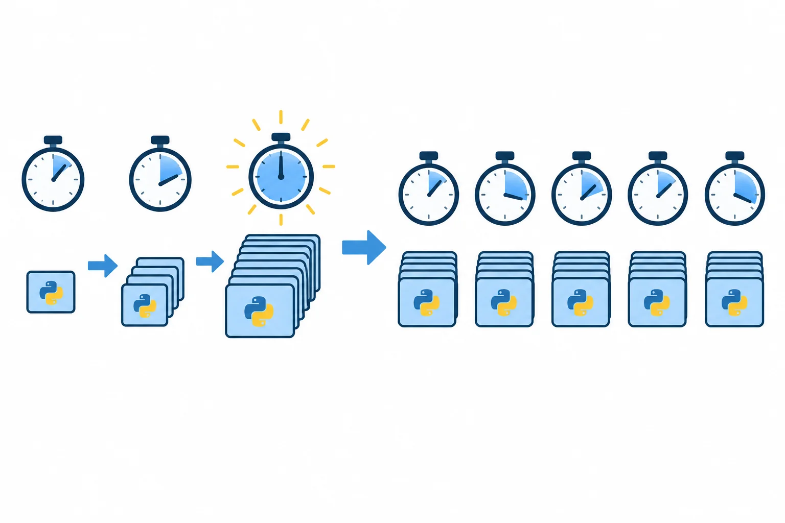 Diagrama mostrando lotes de execuções aumentando de tamanho até atingir uma duração adequada, seguido por vários lotes do mesmo tamanho e seus tempos totais.