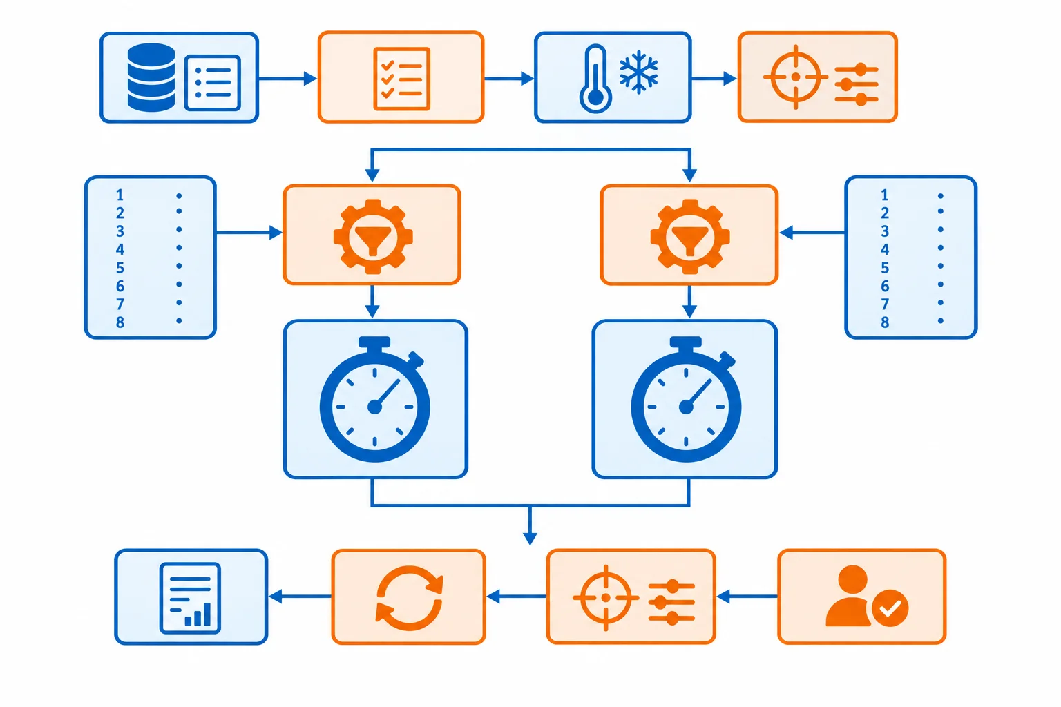 Diagrama mostrando dados determinísticos entrando em duas funções de filtragem equivalentes; somente as chamadas das funções estão dentro de uma área cronometrada, enquanto criação dos dados, verificação e relatório ficam fora.