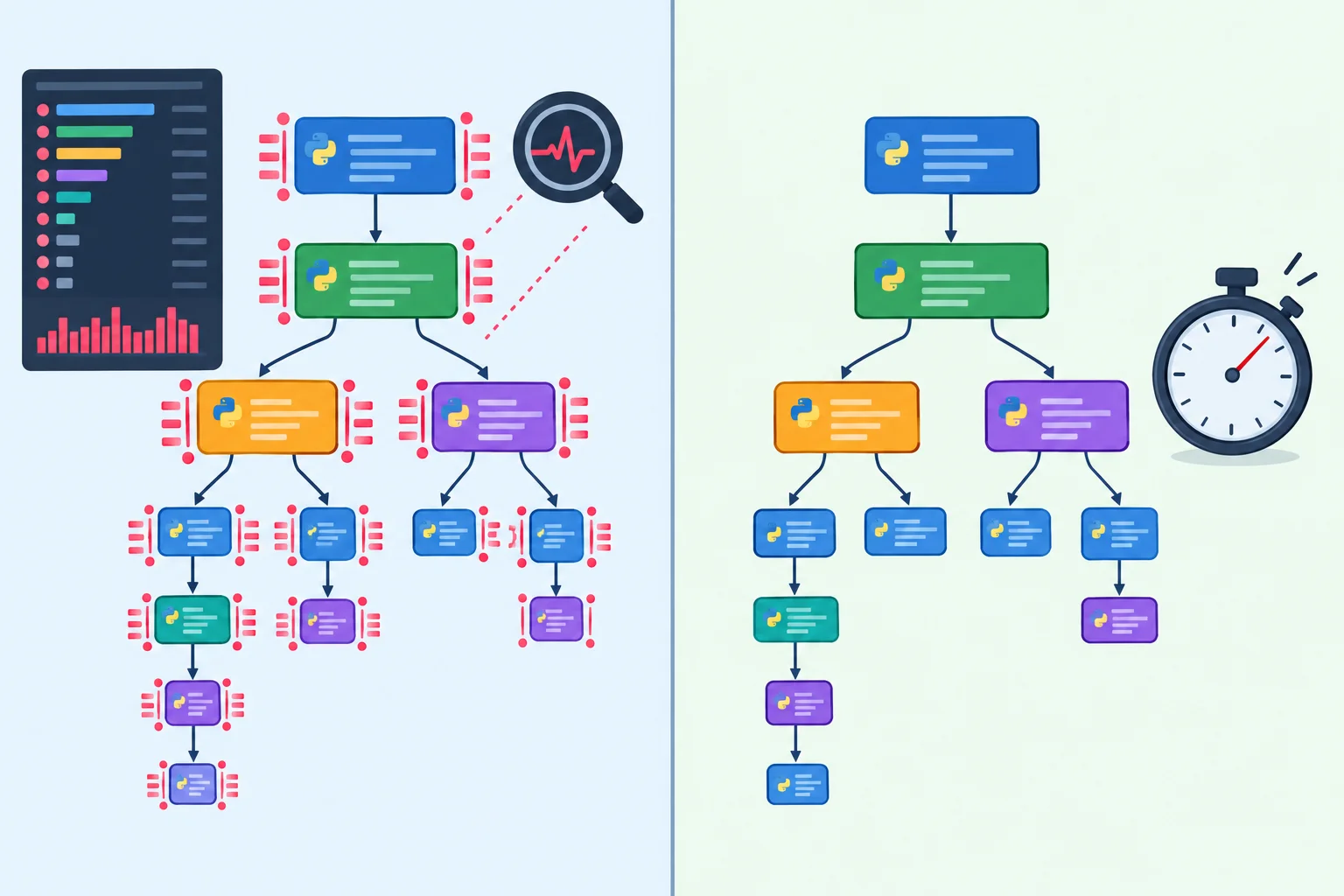 Diagrama comparando uma execução instrumentada com cProfile, que registra funções e adiciona pequena sobrecarga, e uma medição sem instrumentação, usada para comparar duração total.