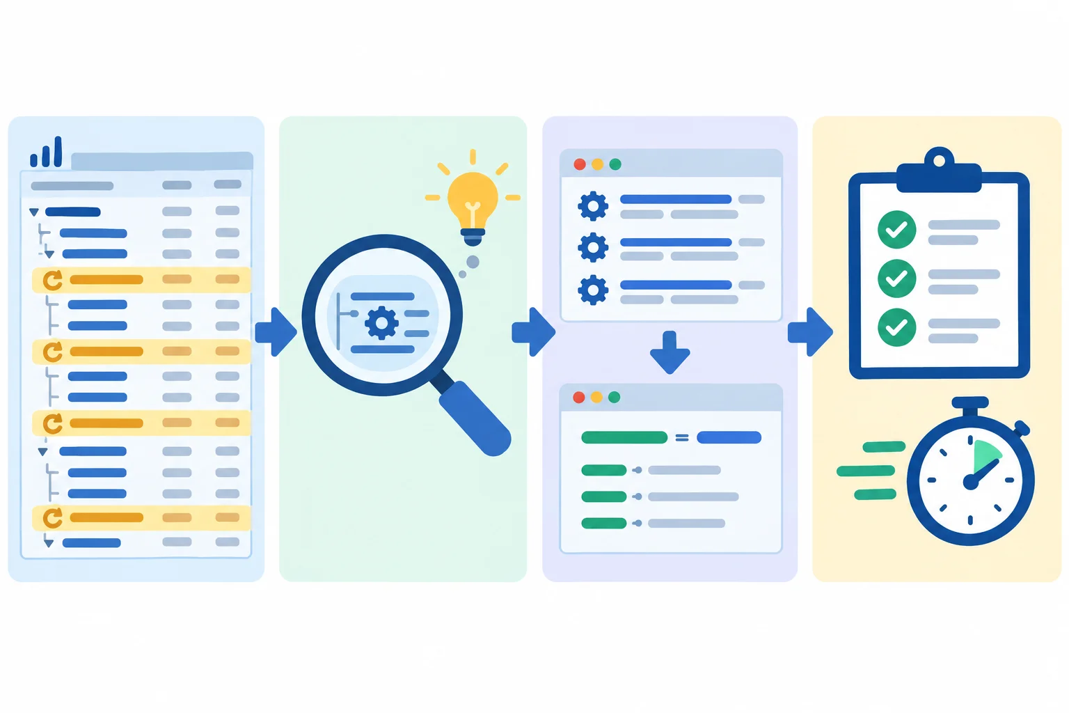 Diagrama em quatro etapas: evidência observada no perfil leva a uma explicação possível, depois a uma pequena alteração no código e finalmente a uma validação por testes, novo perfil e medição externa.