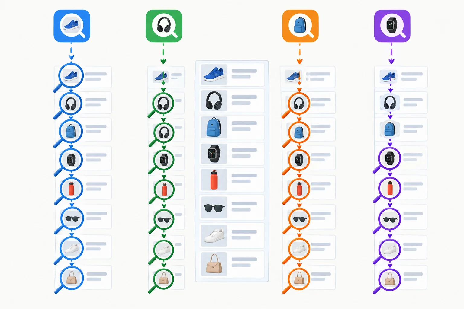 Diagrama mostrando uma lista vertical de produtos sendo percorrida por quatro consultas independentes, cada uma começando no início da mesma lista.