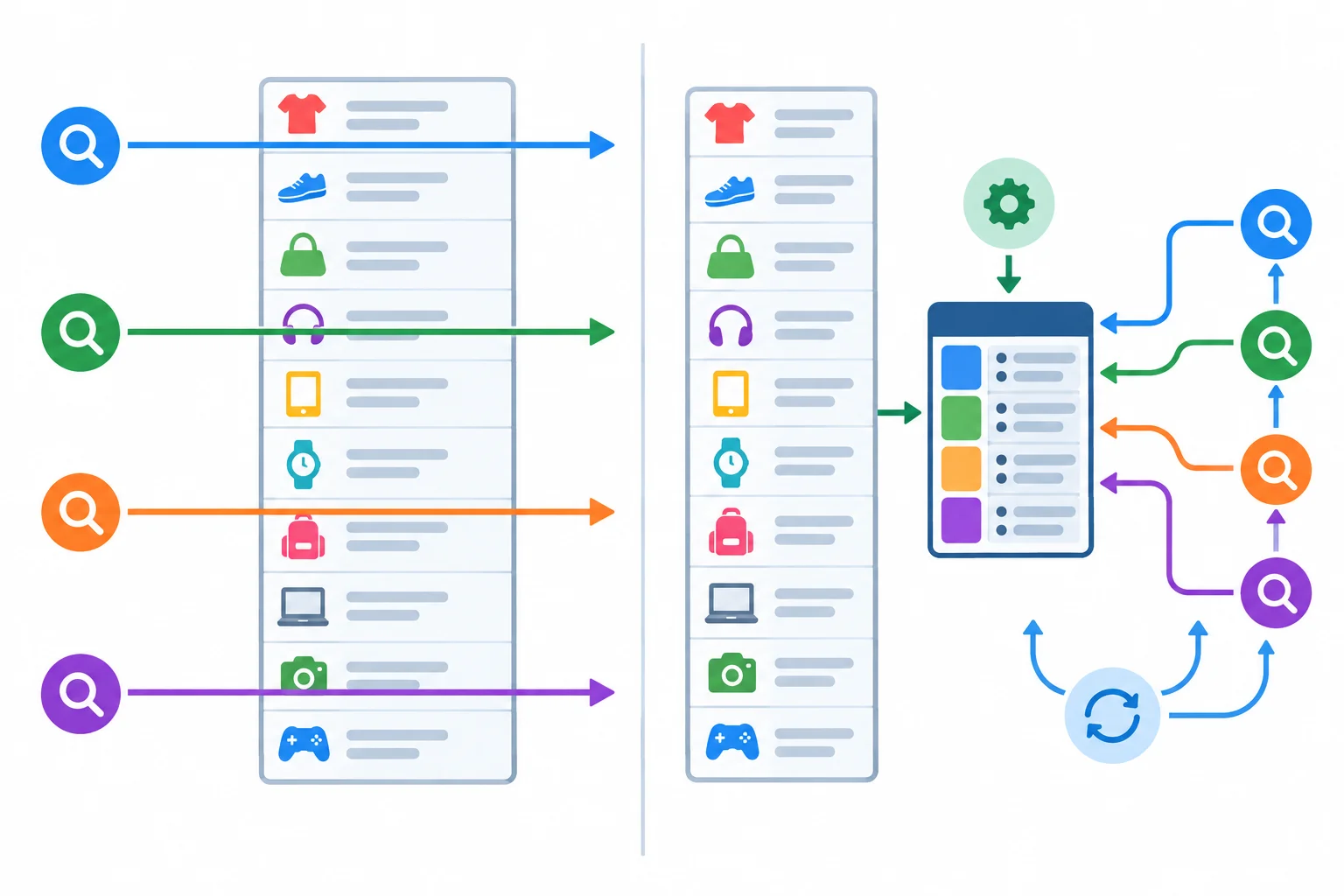 Diagrama comparando várias consultas percorrendo repetidamente uma lista de produtos com a construção única de um índice hash reutilizado por várias consultas.