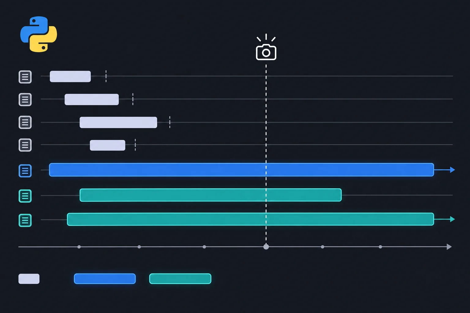 Diagrama de uma linha do tempo com rastreamento ativo, blocos temporários que terminam antes de uma câmera de snapshot e blocos persistentes que seguem até a câmera.